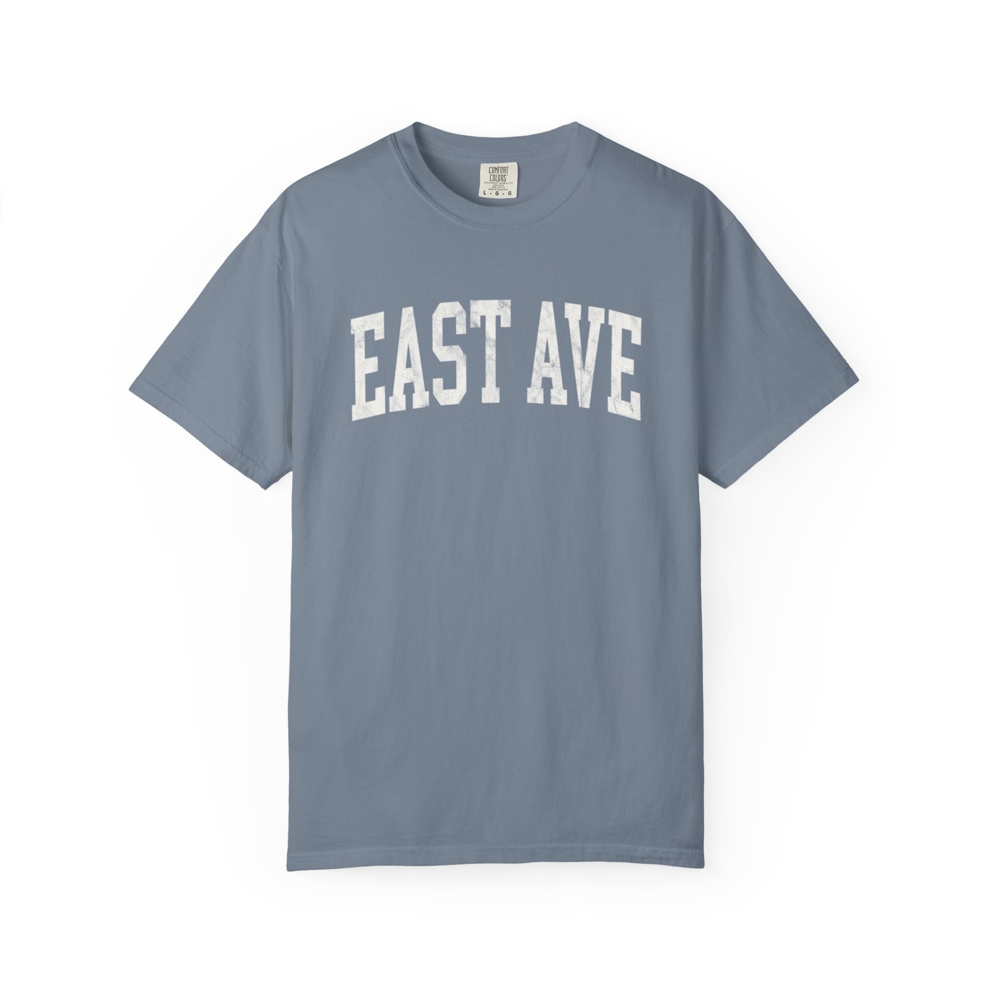 East Ave Garment-Dyed Tee in Samantha Blue, front — EAST AVE lettering