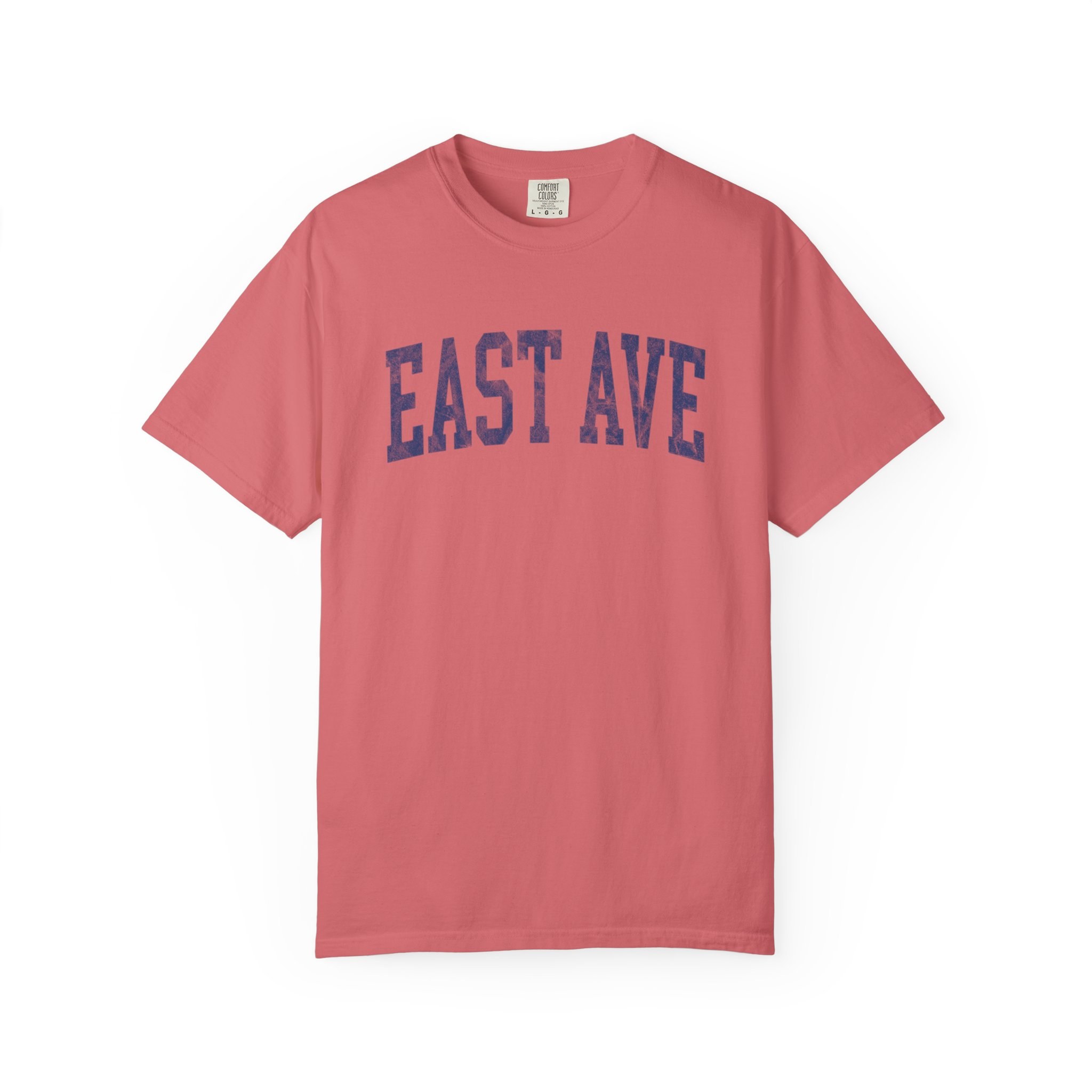 East Ave Garment-Dyed Tee in Strawberry Cloud, front — EAST AVE lettering