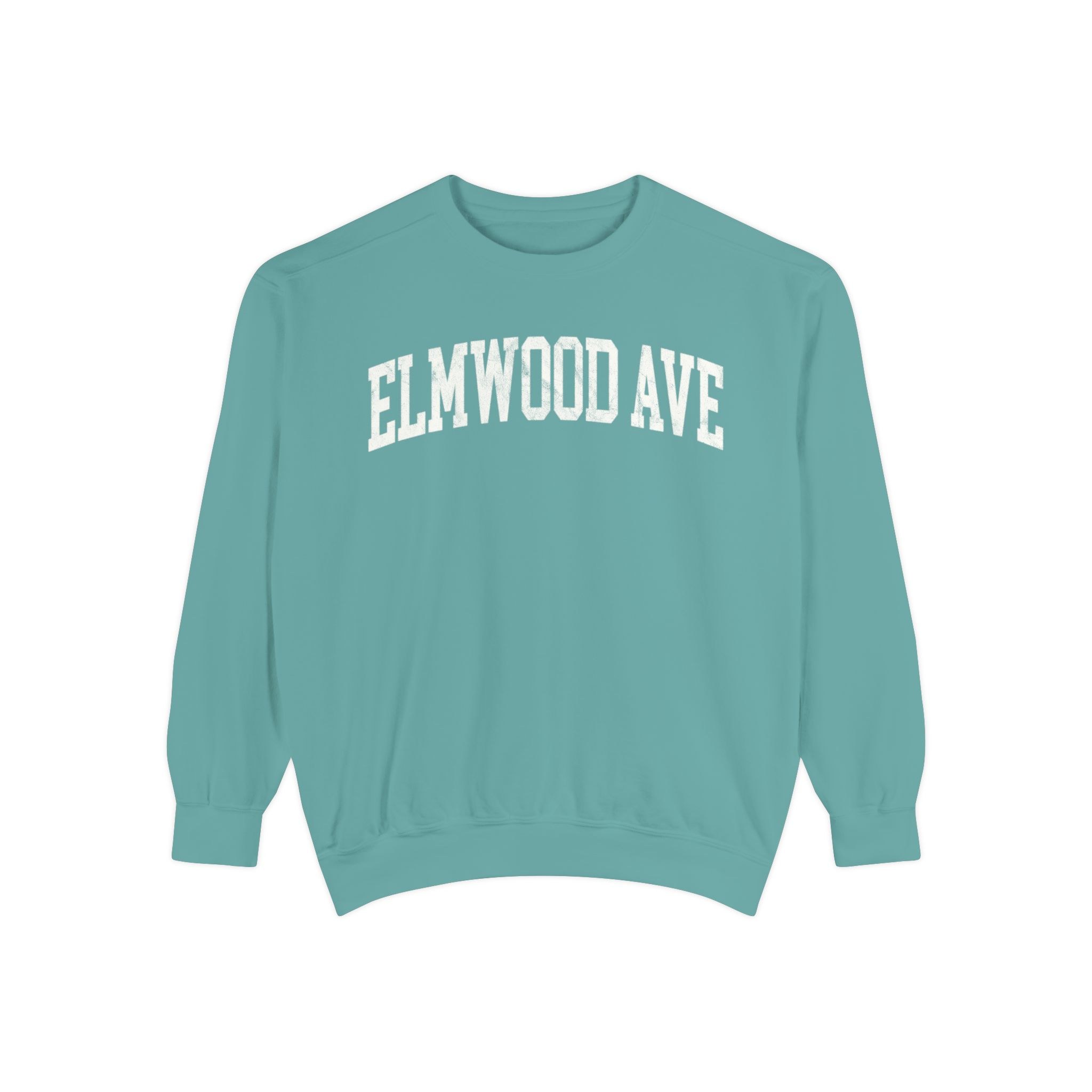 Elmwood Ave Garment-Dyed Crewneck in Erie Blue, front — ELMWOOD AVE lettering