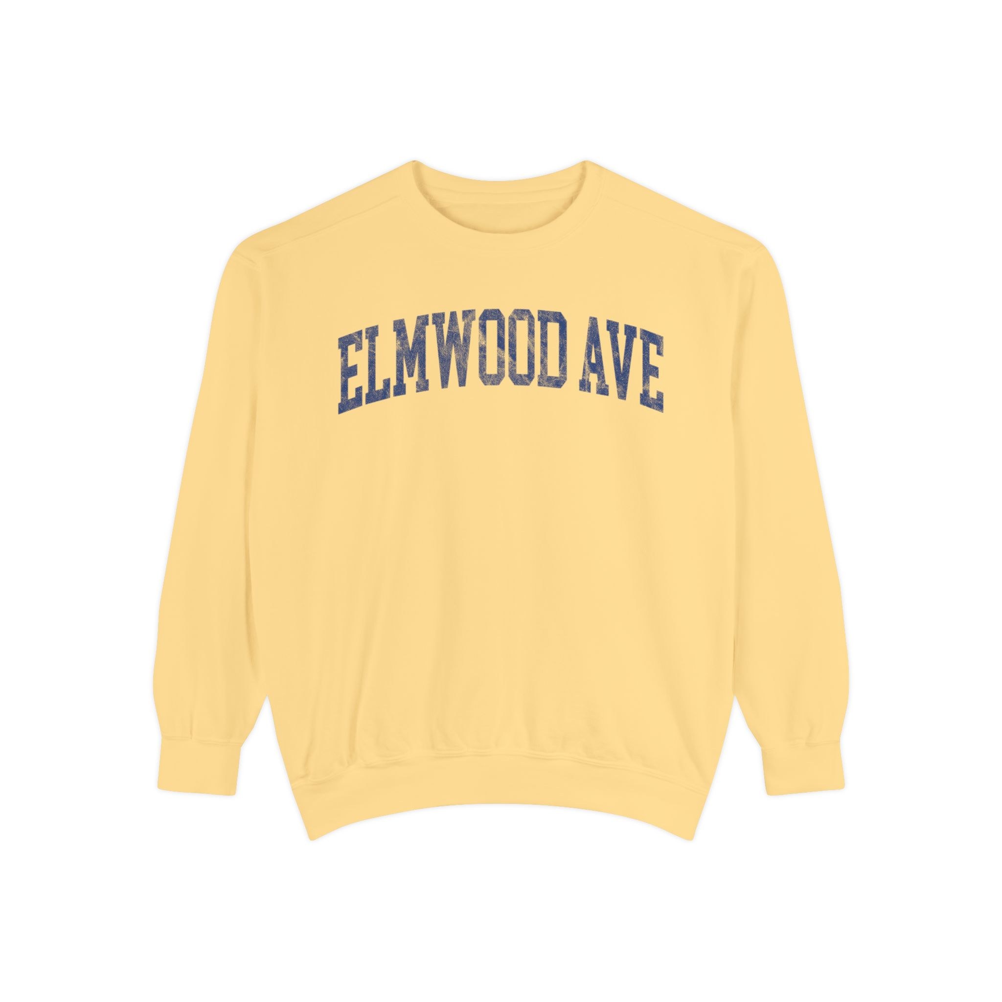 Elmwood Ave Garment-Dyed Crewneck in Unsalted, front — ELMWOOD AVE lettering