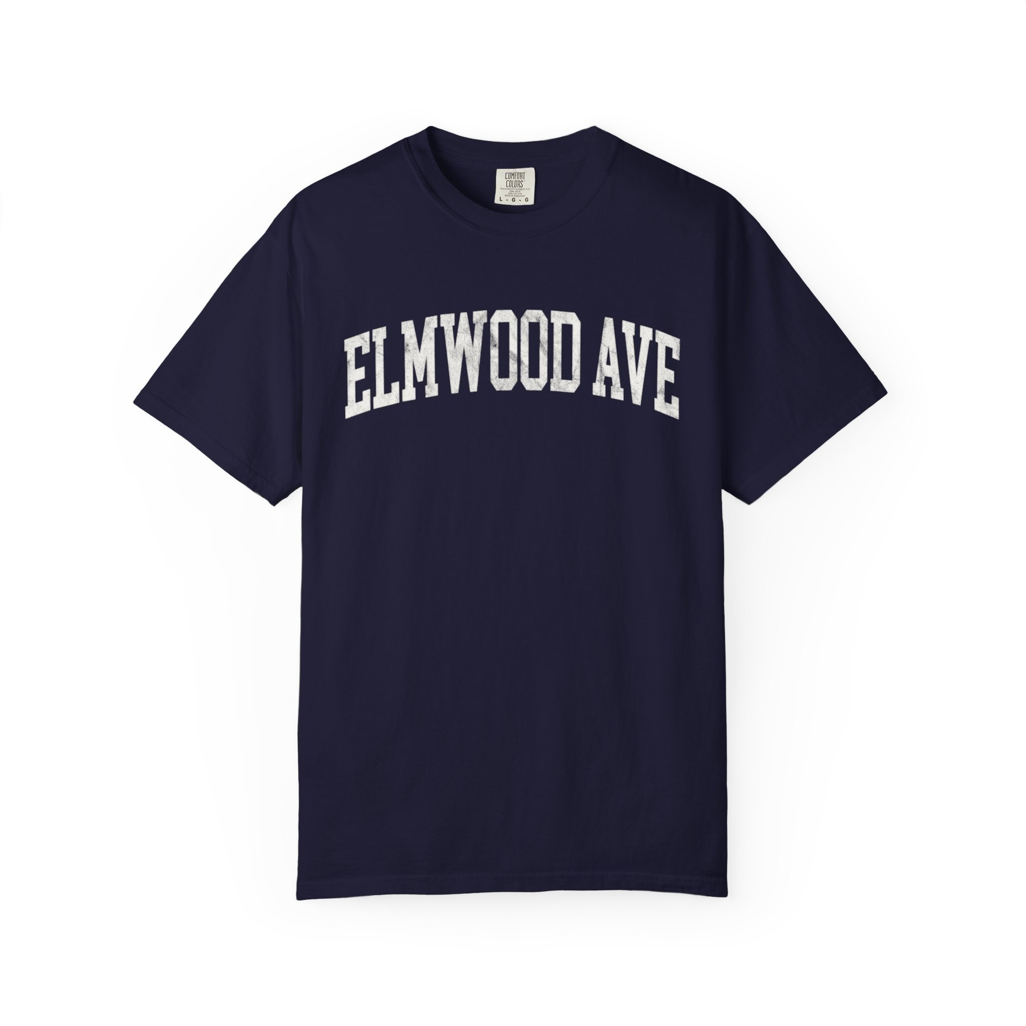 Elmwood Ave Garment-Dyed Tee in Boathouse Blue, front — ELMWOOD AVE lettering