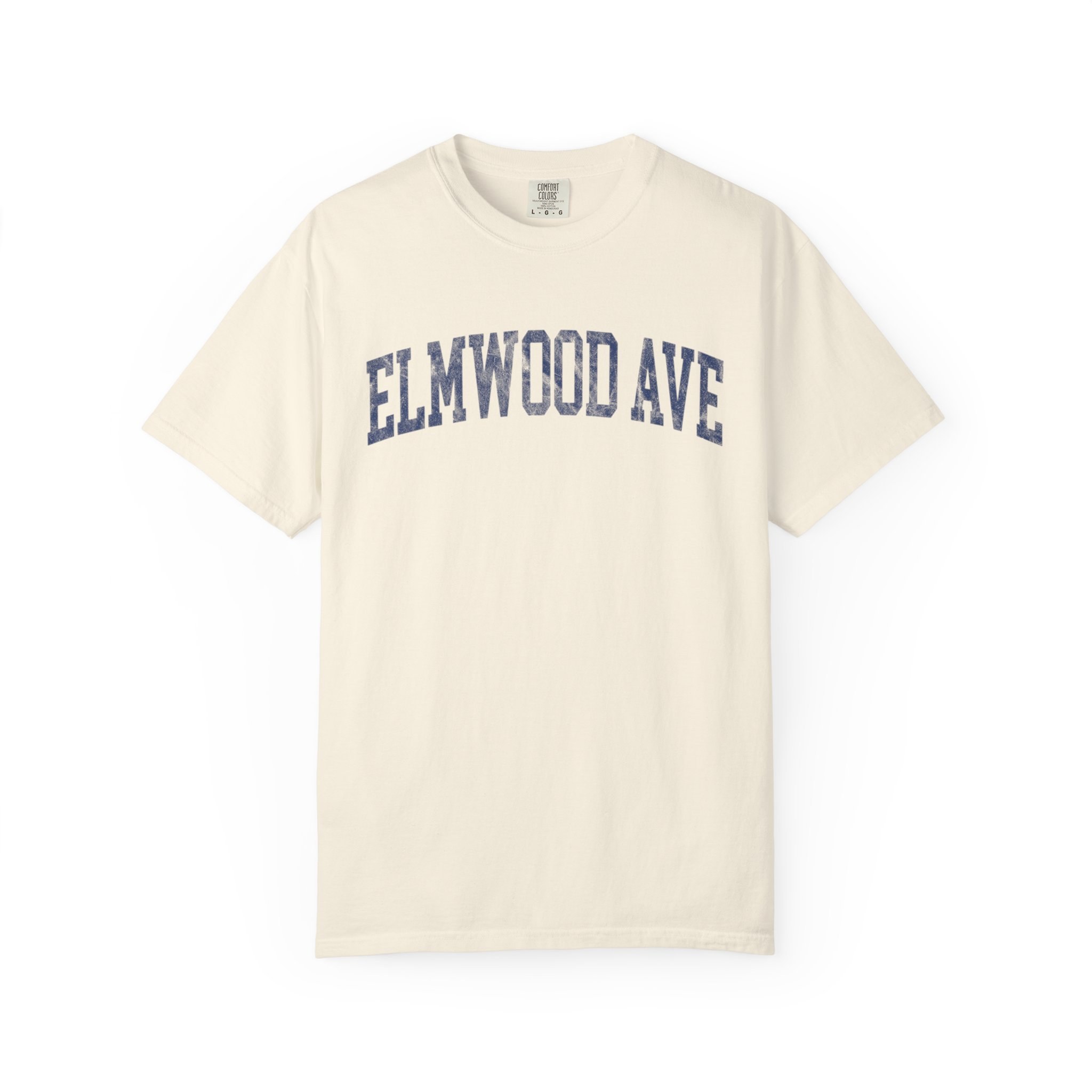 Elmwood Ave Garment-Dyed Tee in Crème Fraîche, front — ELMWOOD AVE lettering