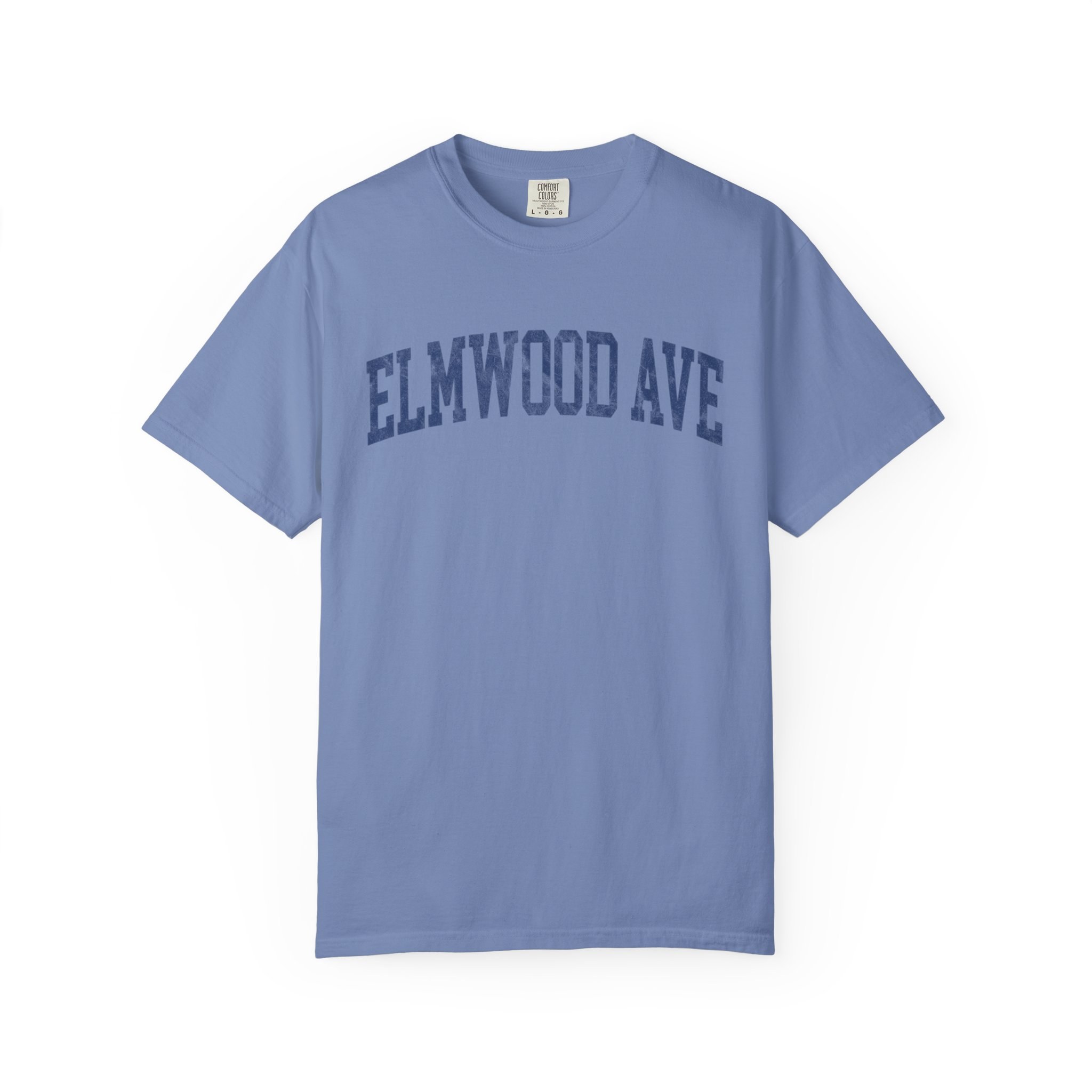 Elmwood Ave Garment-Dyed Tee in Faded Predawn, front — ELMWOOD AVE lettering