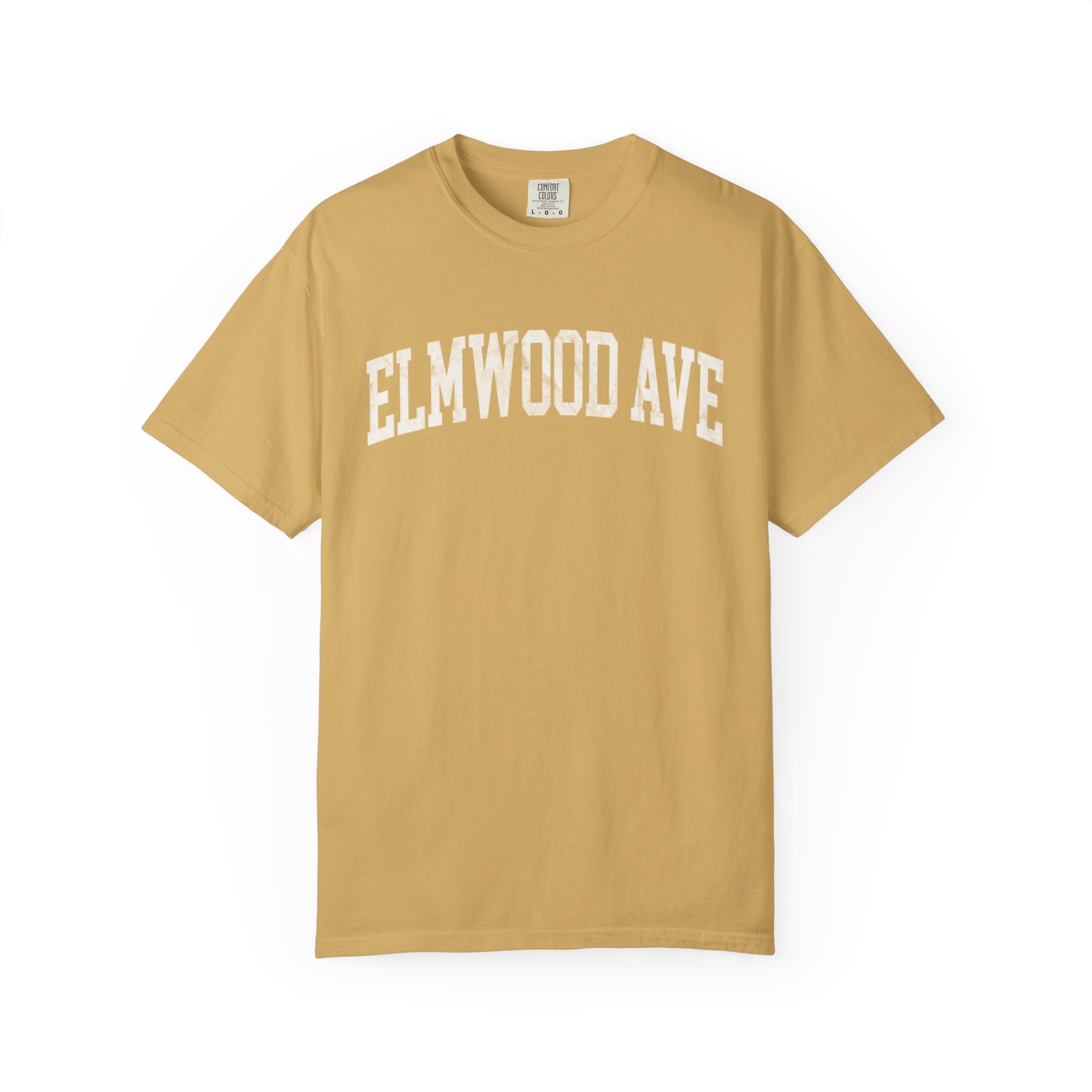 Elmwood Ave Garment-Dyed Tee in Pasta Wheat, front — ELMWOOD AVE lettering