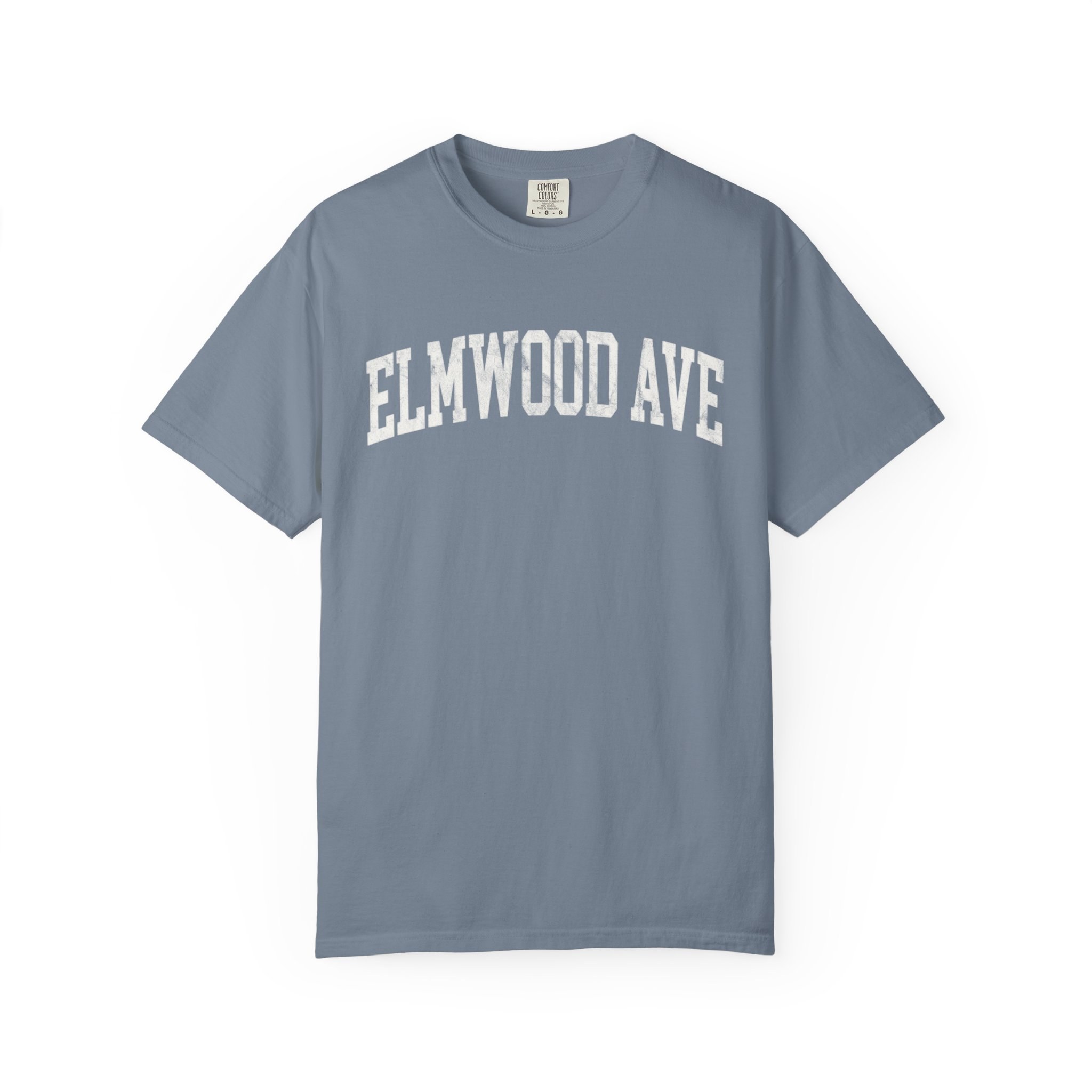 Elmwood Ave Garment-Dyed Tee in Samantha Blue, front — ELMWOOD AVE lettering