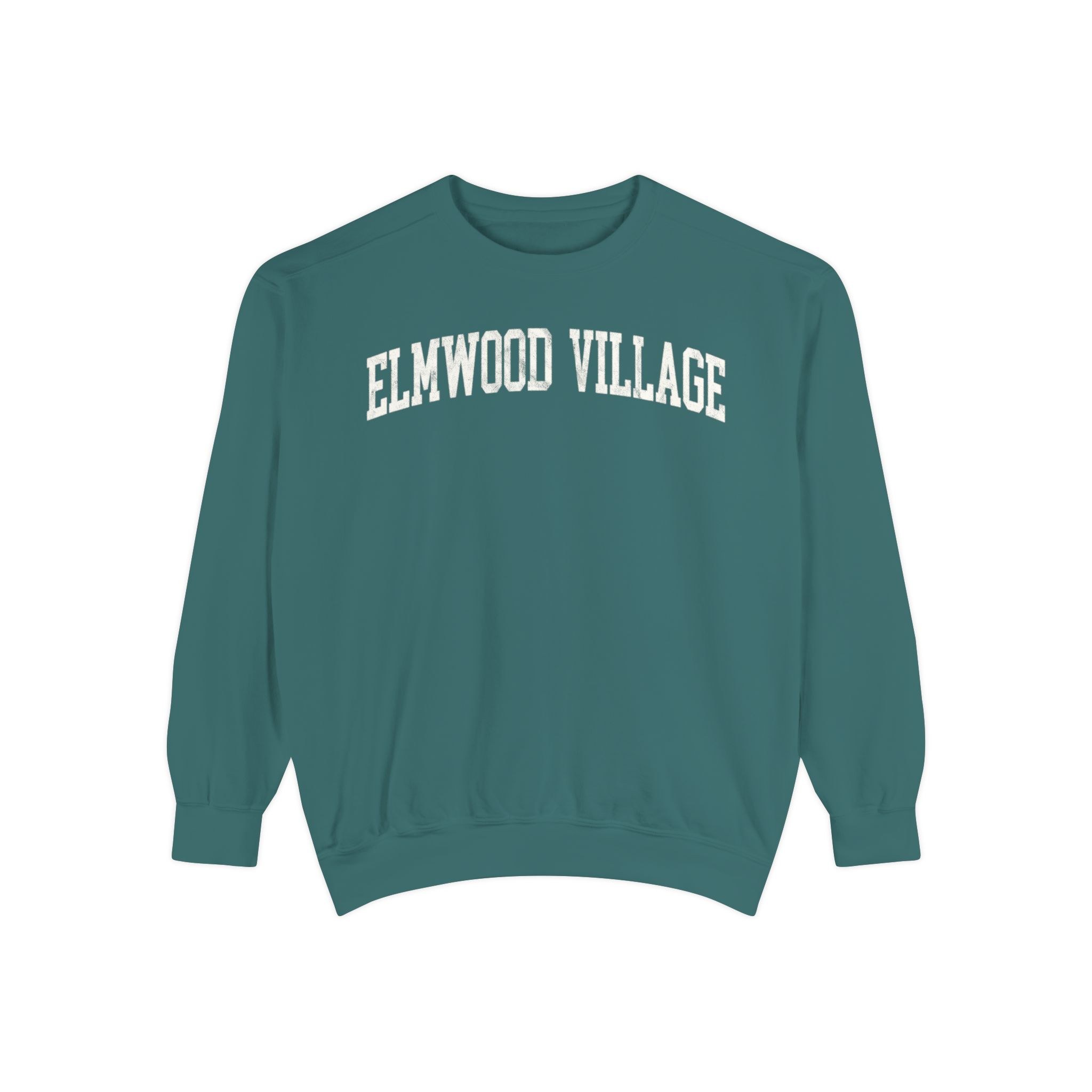 Elmwood Village Garment-Dyed Crewneck in Blue Spruce, front — ELMWOOD VILLAGE lettering