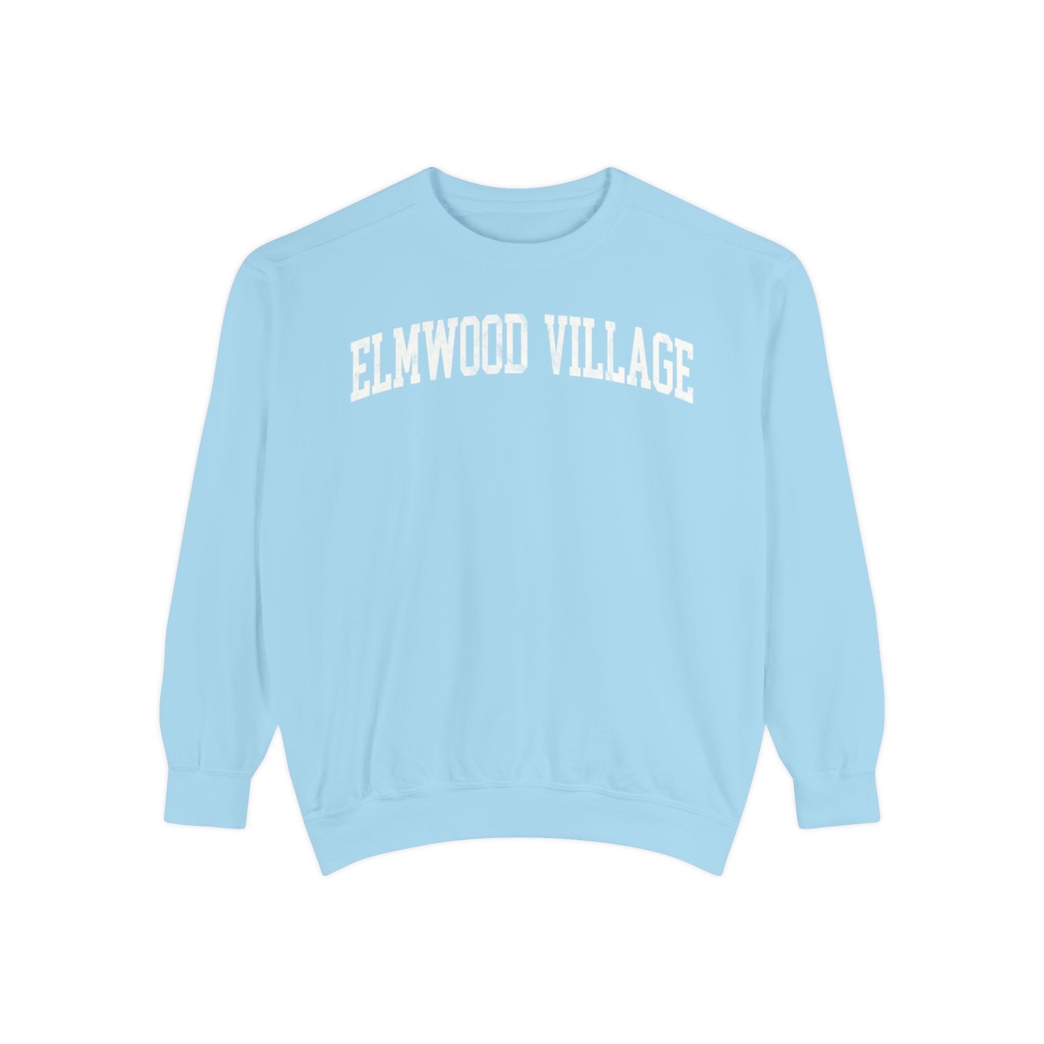 Elmwood Village Garment-Dyed Crewneck in Blueberry Milk, front — ELMWOOD VILLAGE lettering