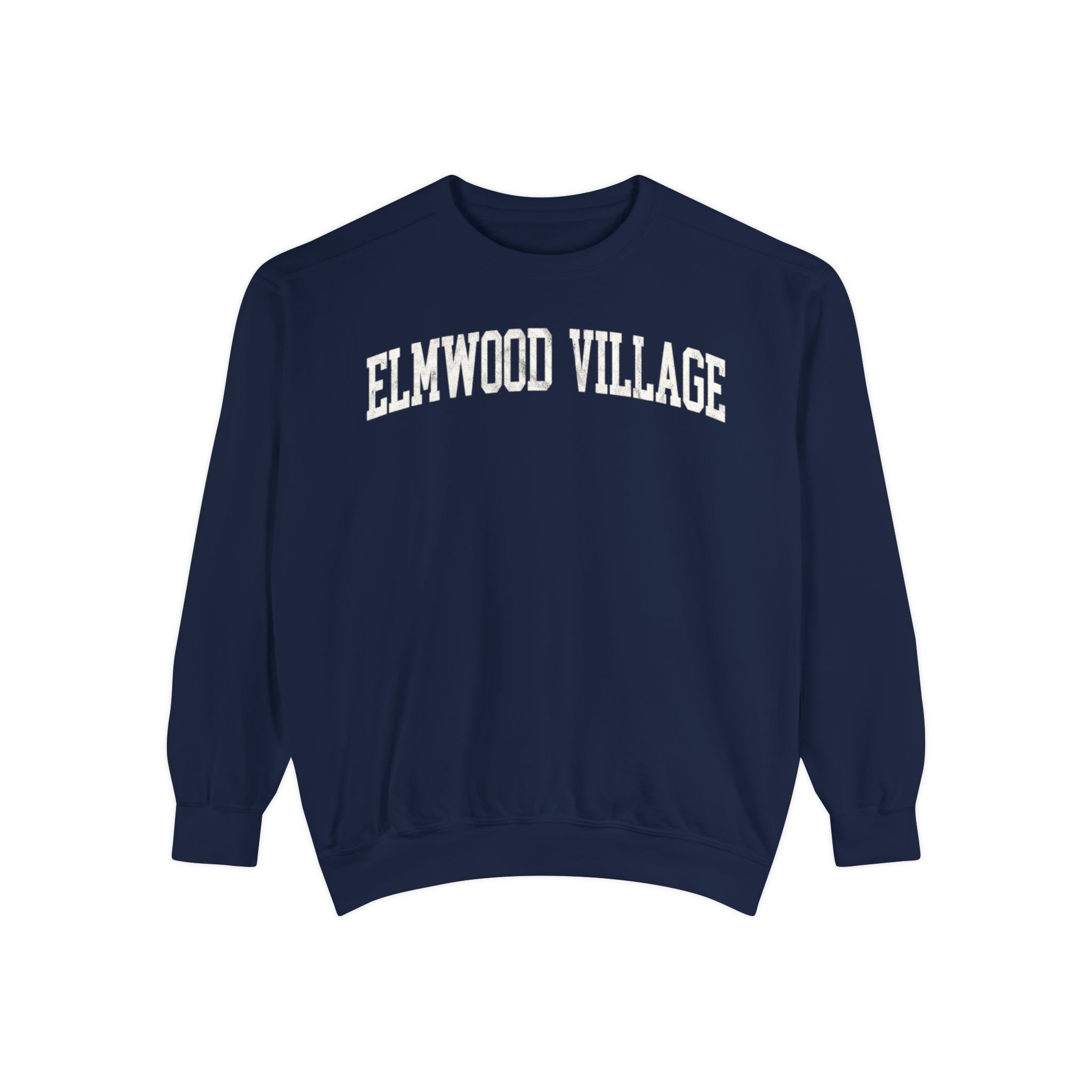 Elmwood Village Garment-Dyed Crewneck in Boathouse Blue, front — ELMWOOD VILLAGE lettering