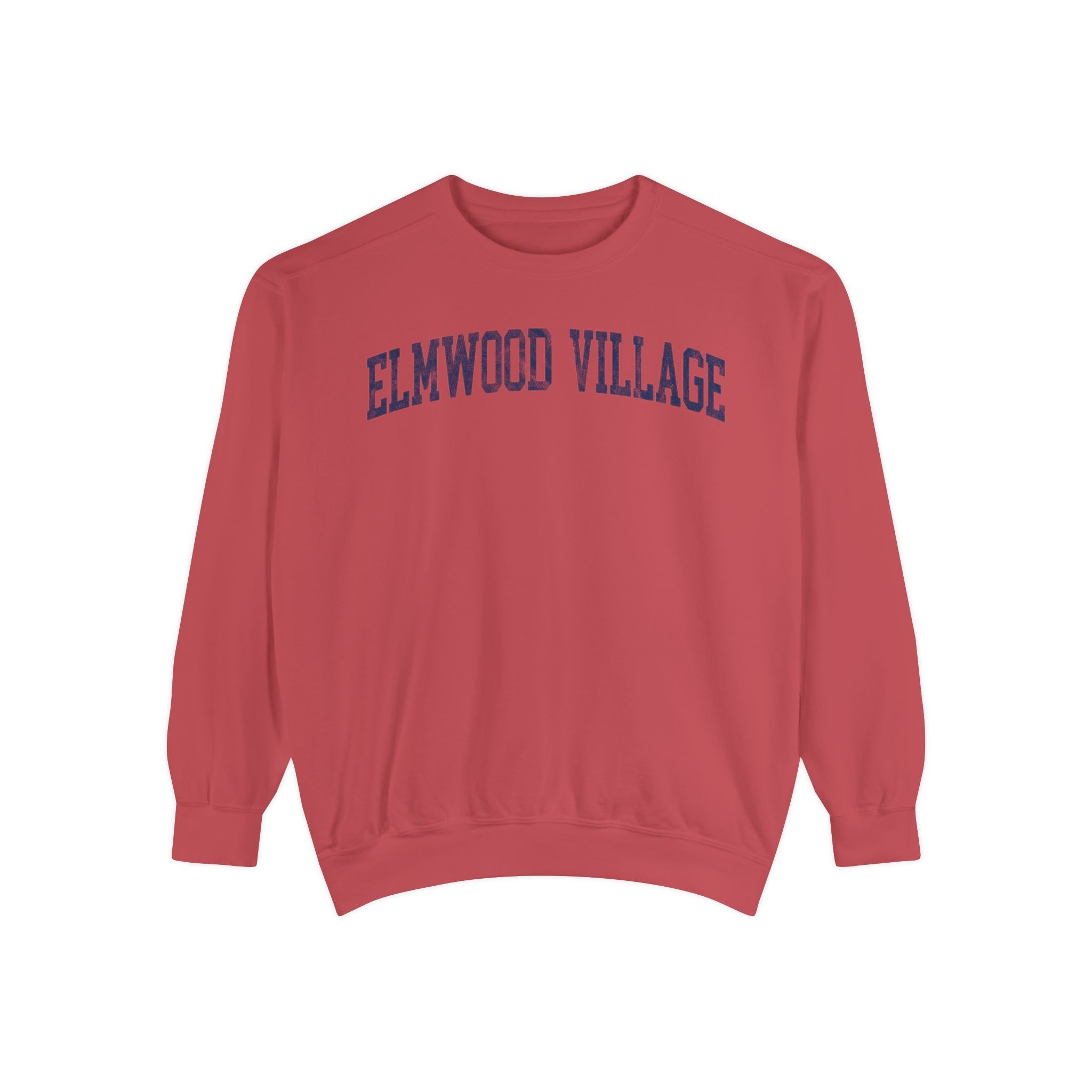 Elmwood Village Garment-Dyed Crewneck in Collegiate Crimson, front — ELMWOOD VILLAGE lettering
