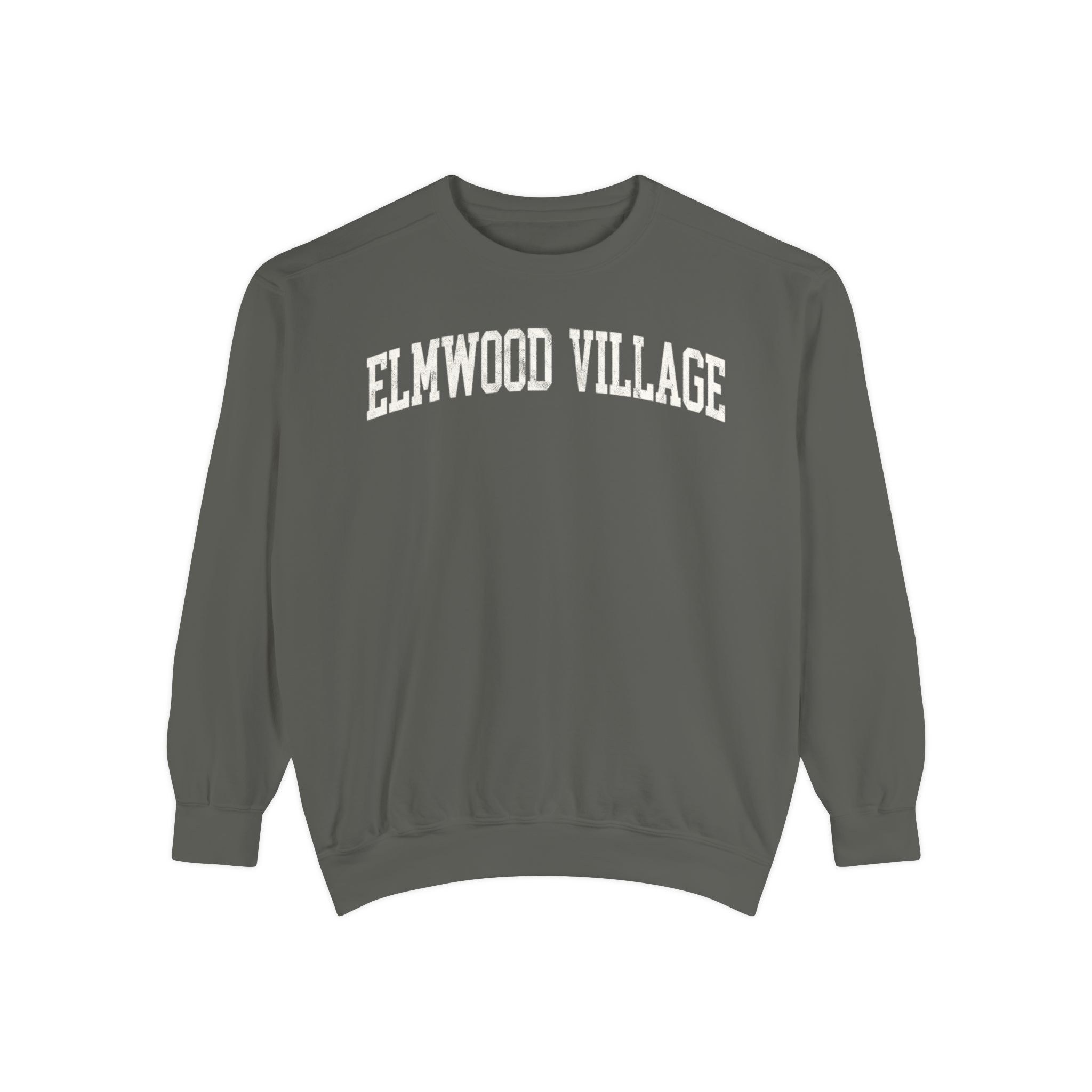 Elmwood Village Garment-Dyed Crewneck in Concrete, front — ELMWOOD VILLAGE lettering
