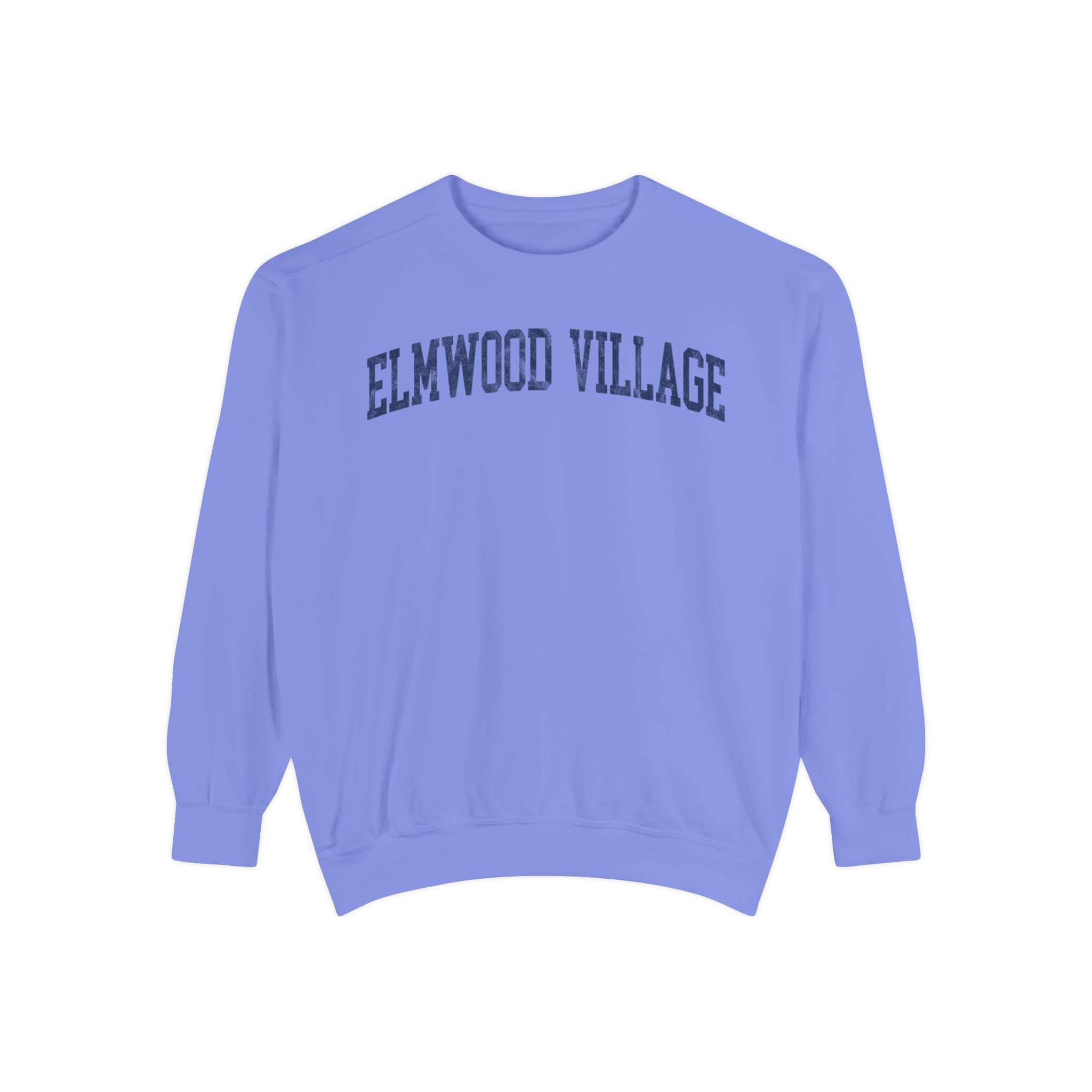 Elmwood Village Garment-Dyed Crewneck in Conesus Blue, front — ELMWOOD VILLAGE lettering