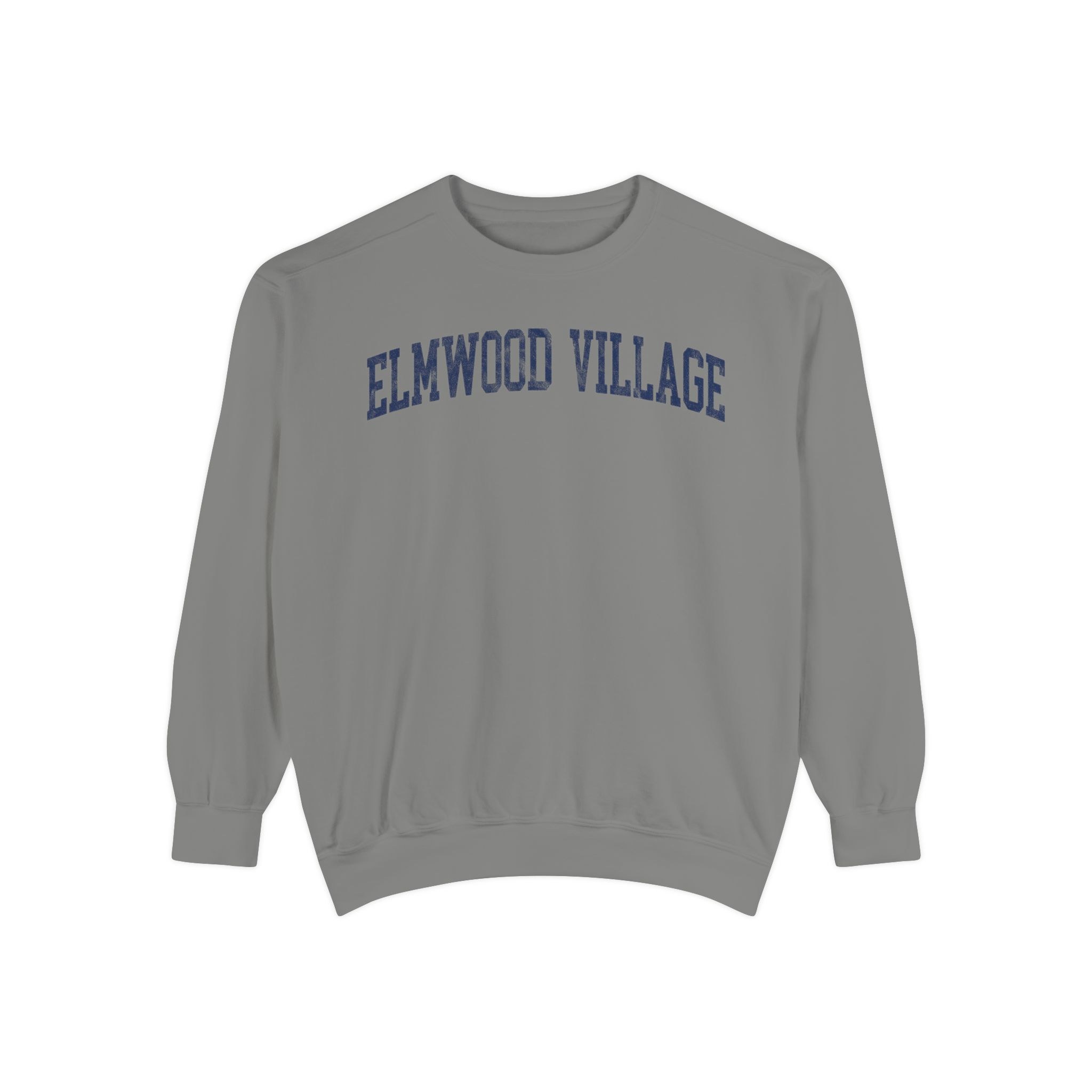 Elmwood Village Garment-Dyed Crewneck in Dusting, front — ELMWOOD VILLAGE lettering
