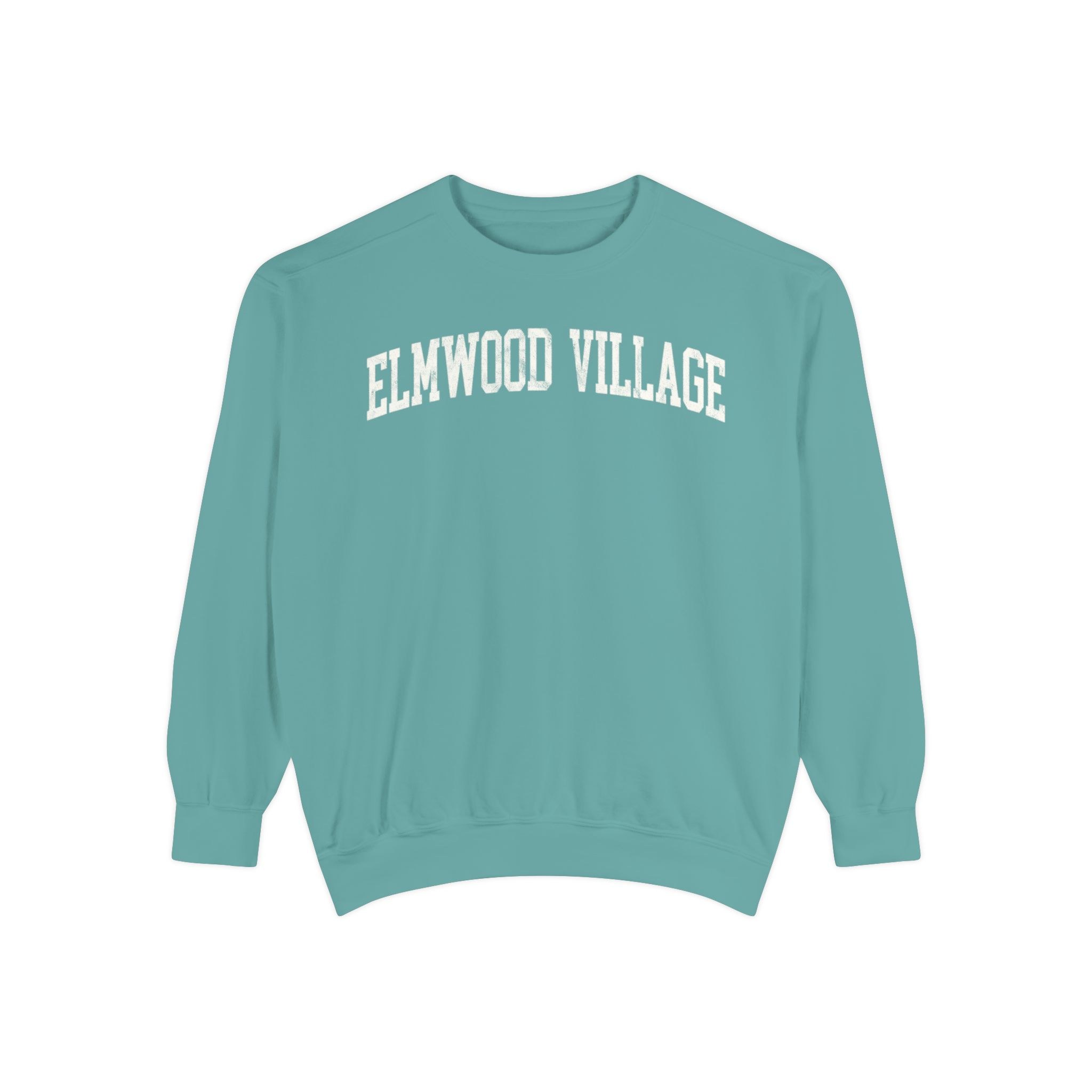 Elmwood Village Garment-Dyed Crewneck in Erie Blue, front — ELMWOOD VILLAGE lettering