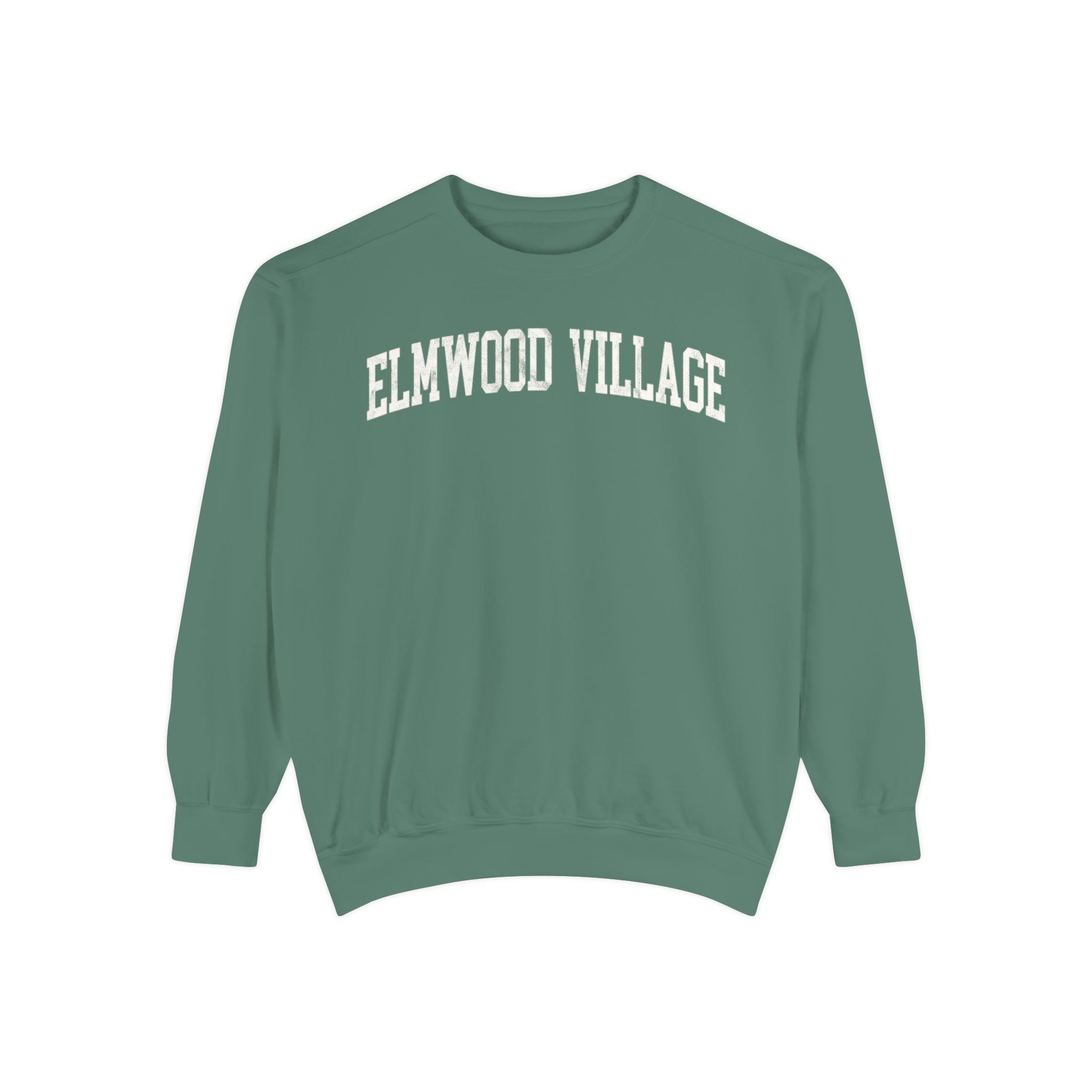Elmwood Village Garment-Dyed Crewneck in Light Green, front — ELMWOOD VILLAGE lettering