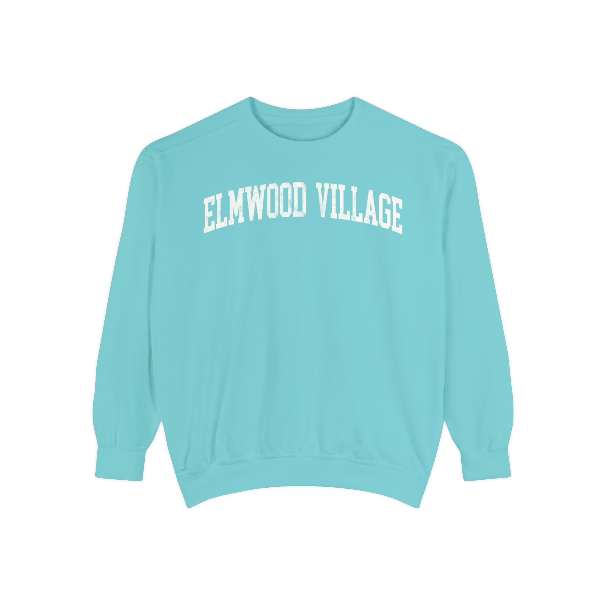 Elmwood Village Garment-Dyed Crewneck in Light Ice, front — ELMWOOD VILLAGE lettering