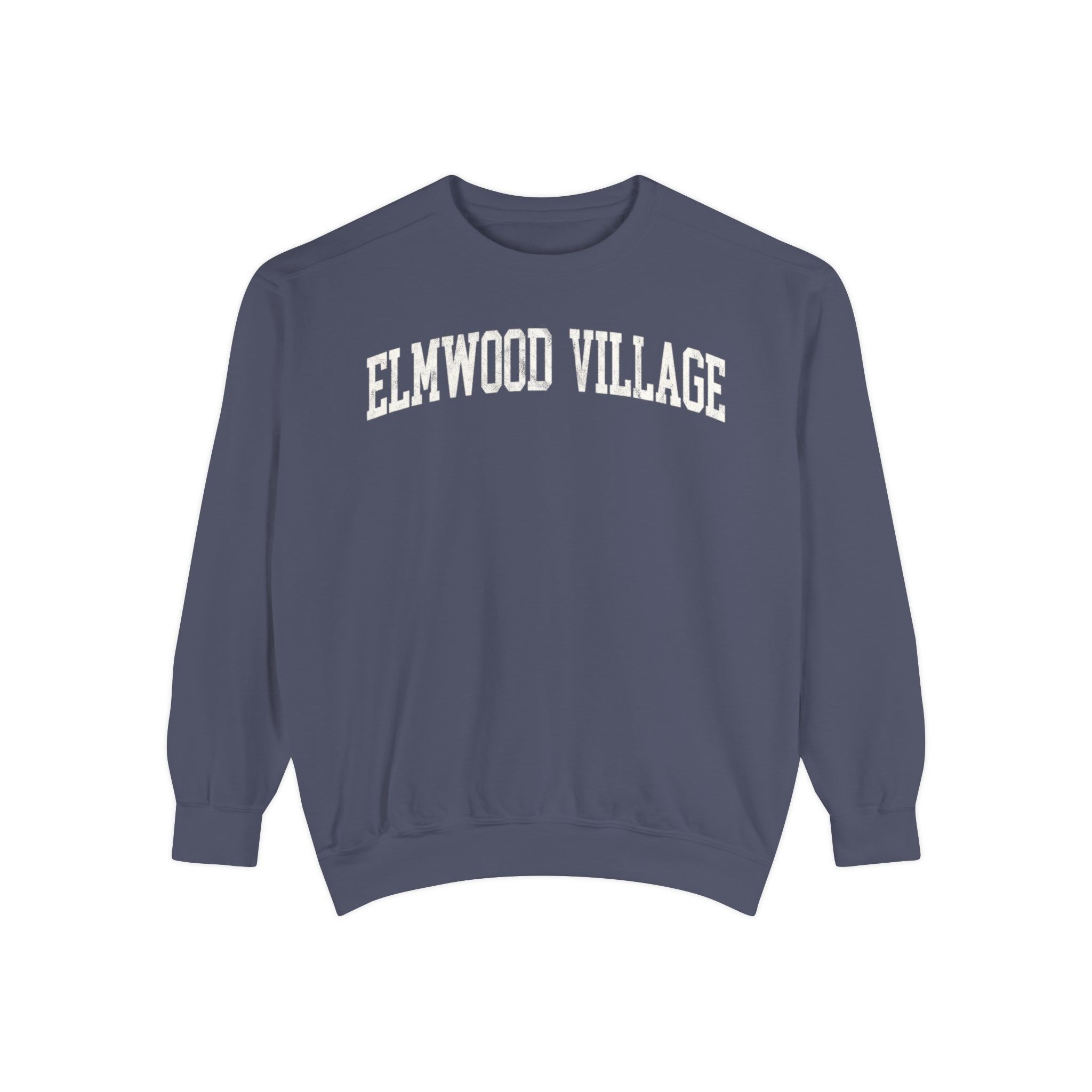 Elmwood Village Garment-Dyed Crewneck in Predawn, front — ELMWOOD VILLAGE lettering