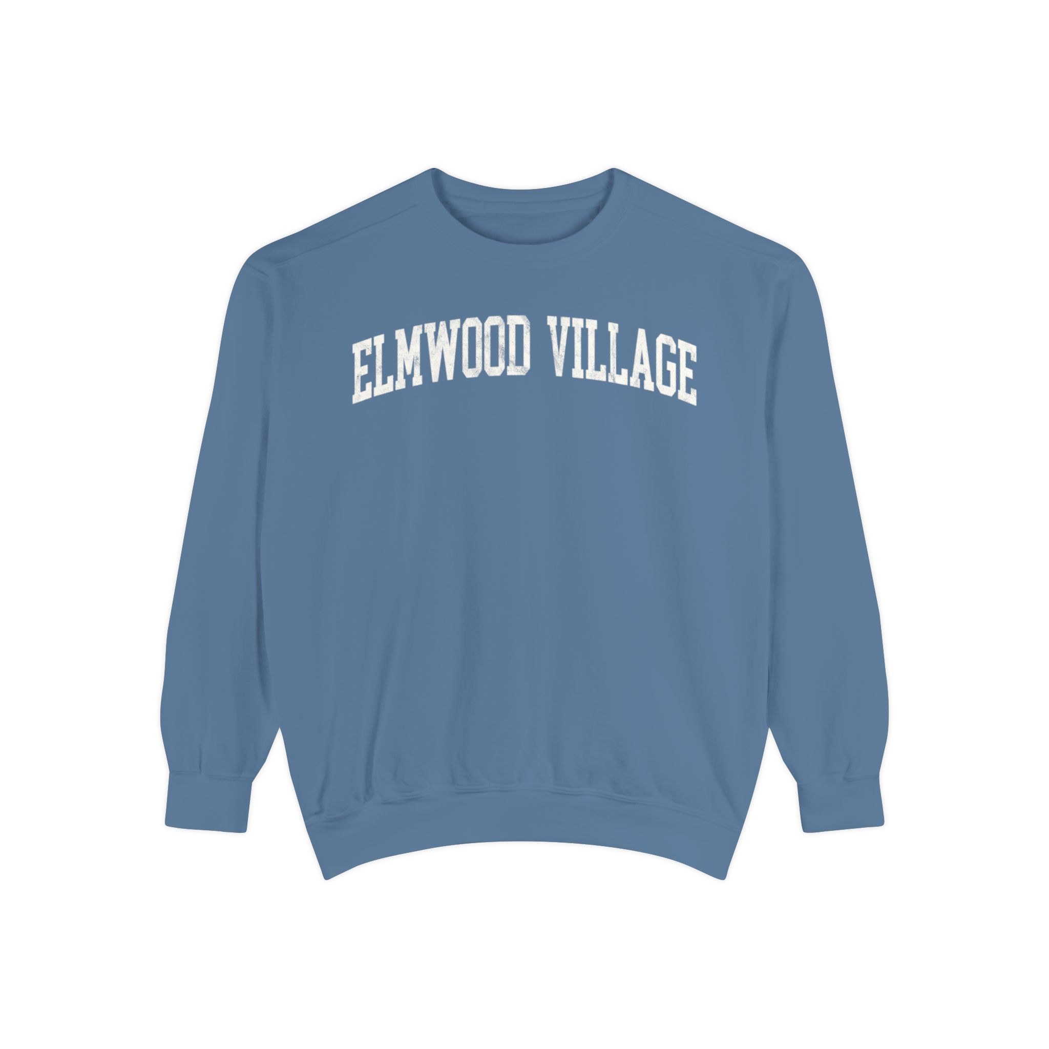 Elmwood Village Garment-Dyed Crewneck in Samantha Blue, front — ELMWOOD VILLAGE lettering