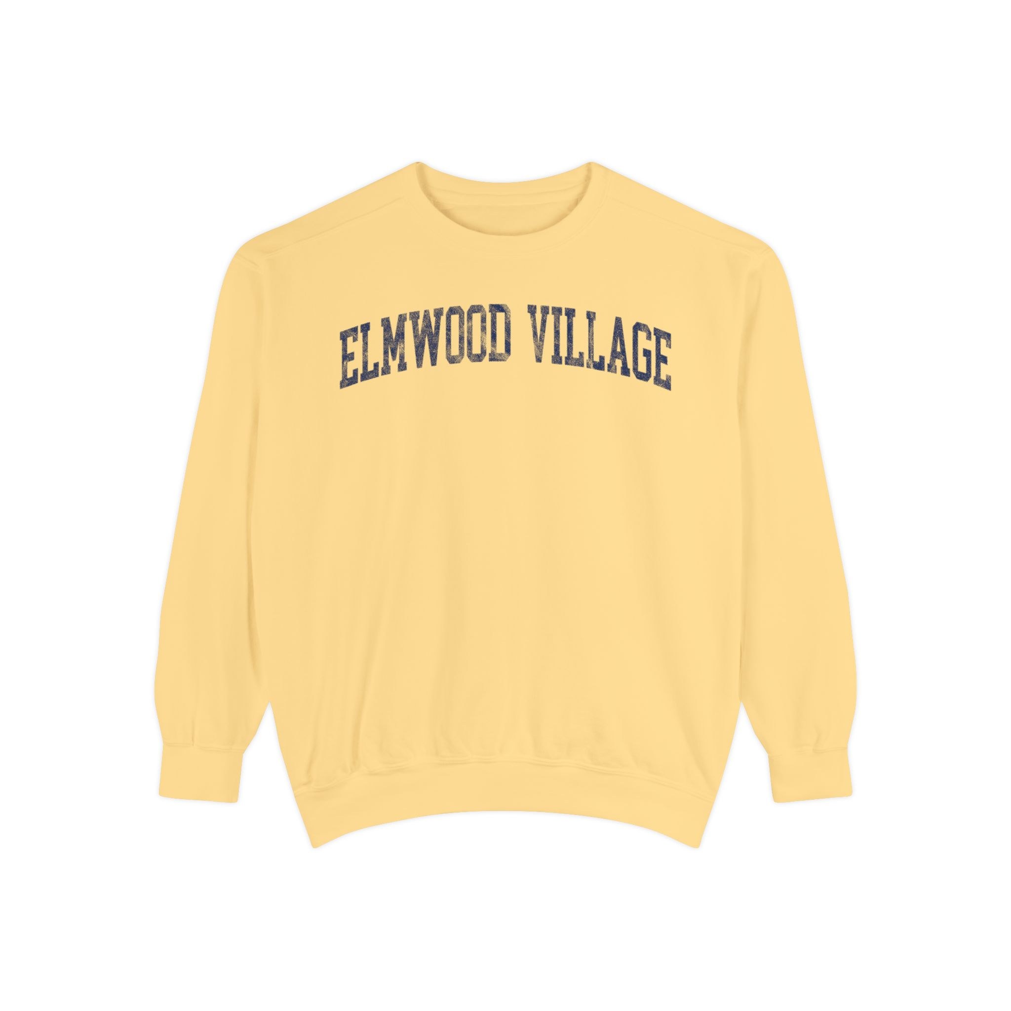 Elmwood Village Garment-Dyed Crewneck in Unsalted, front — ELMWOOD VILLAGE lettering