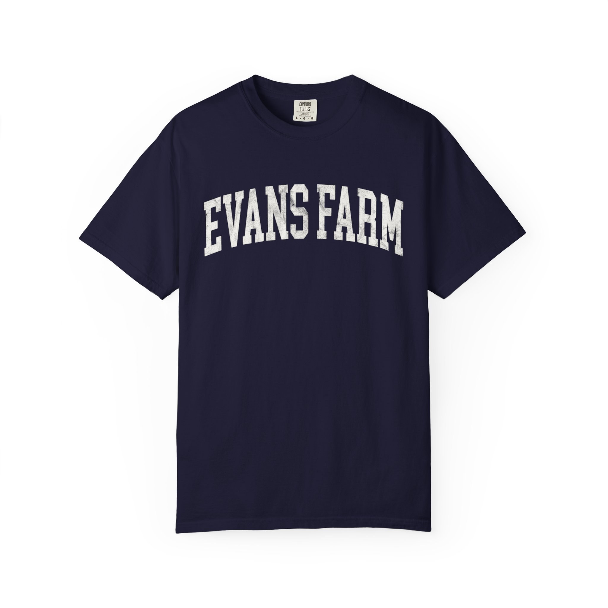 Evans Farm Garment-Dyed Tee in Boathouse Blue, front — EVANS FARM lettering
