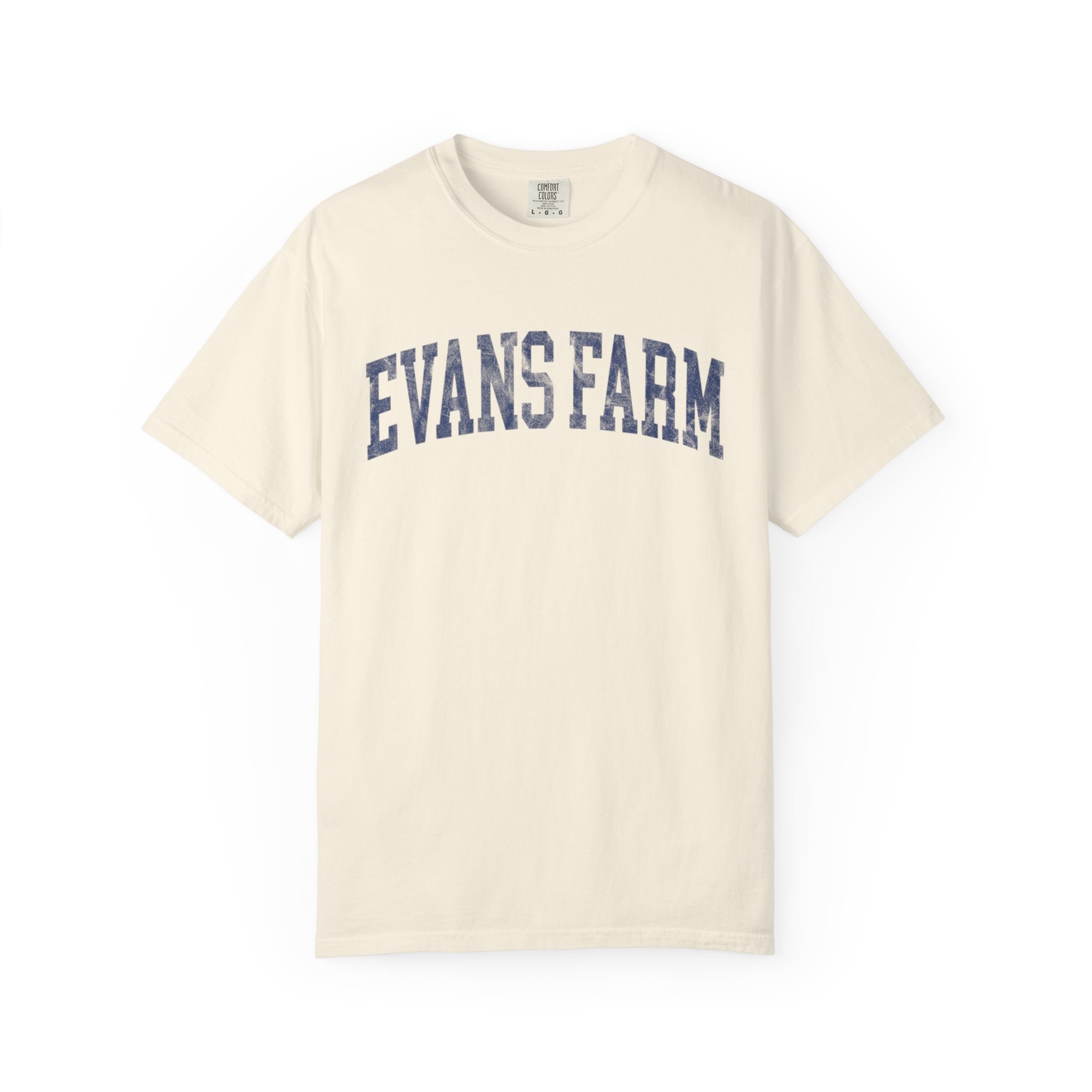 Evans Farm Garment-Dyed Tee in Crème Fraîche, front — EVANS FARM lettering