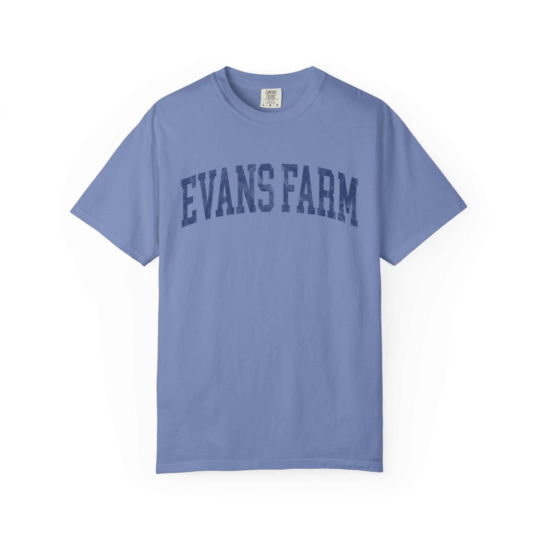 Evans Farm Garment-Dyed Tee in Faded Predawn, front — EVANS FARM lettering