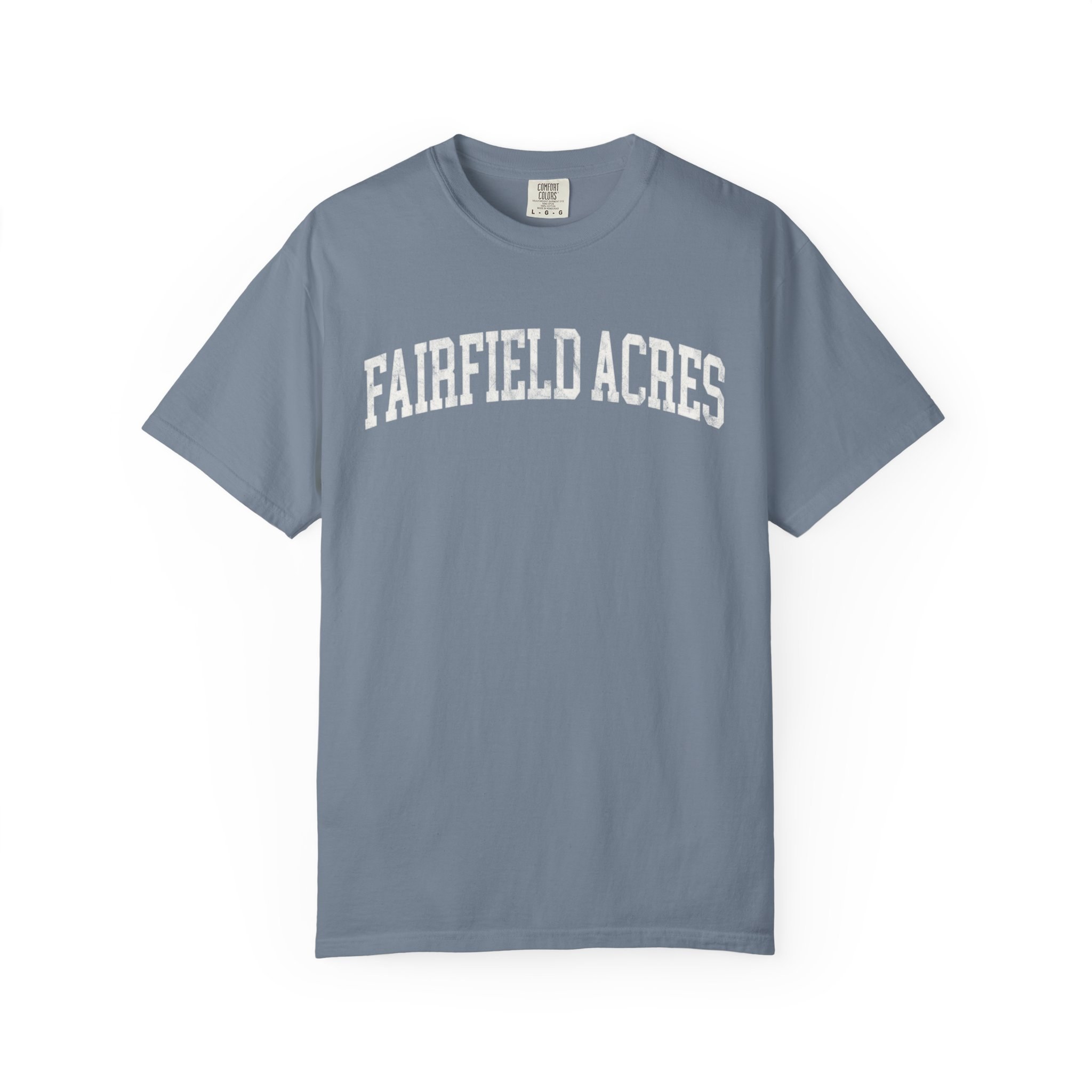 Fairfield Acres Garment-Dyed Tee in Samantha Blue, front — FAIRFIELD ACRES lettering