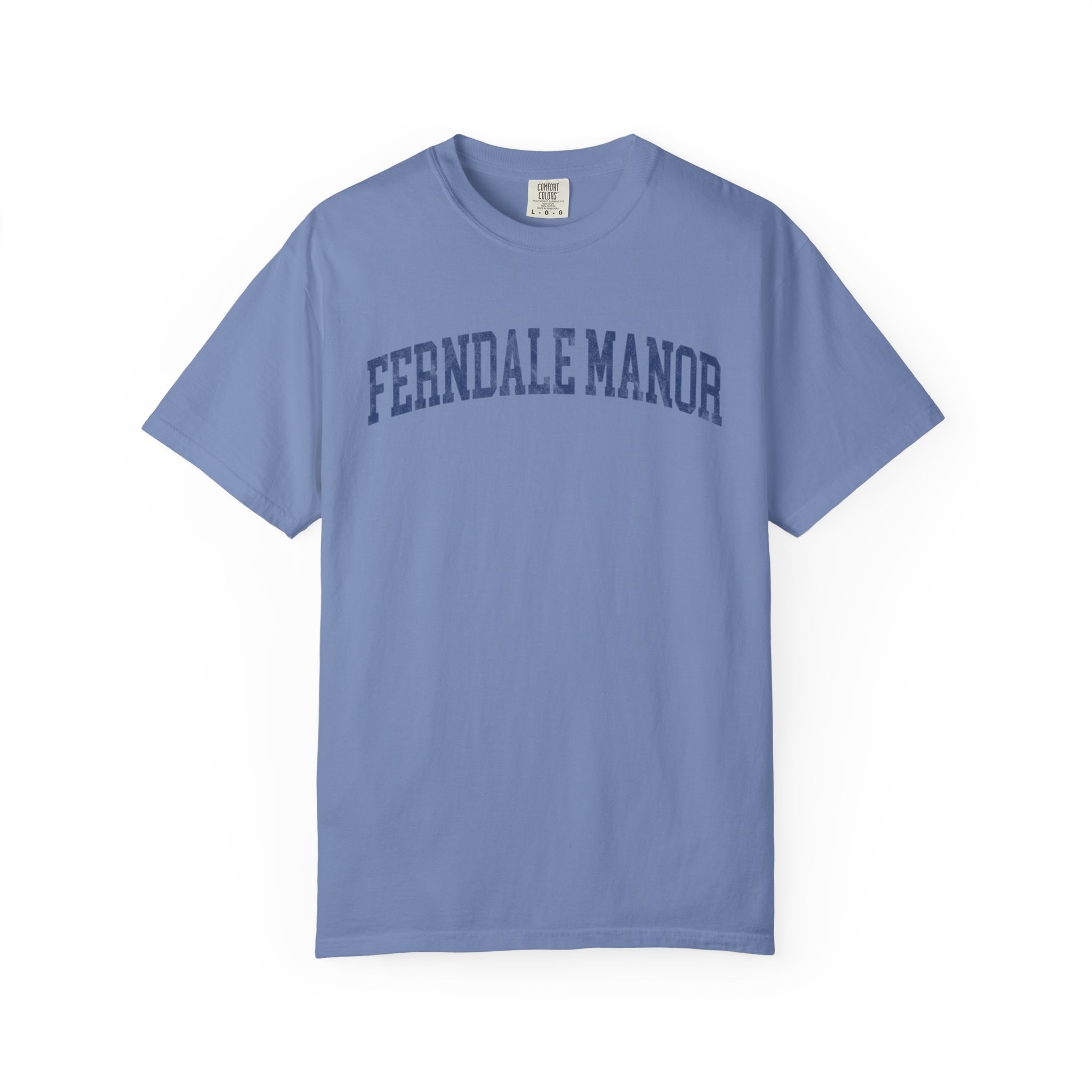 Ferndale Manor Garment-Dyed Tee in Faded Predawn, front — FERNDALE MANOR lettering