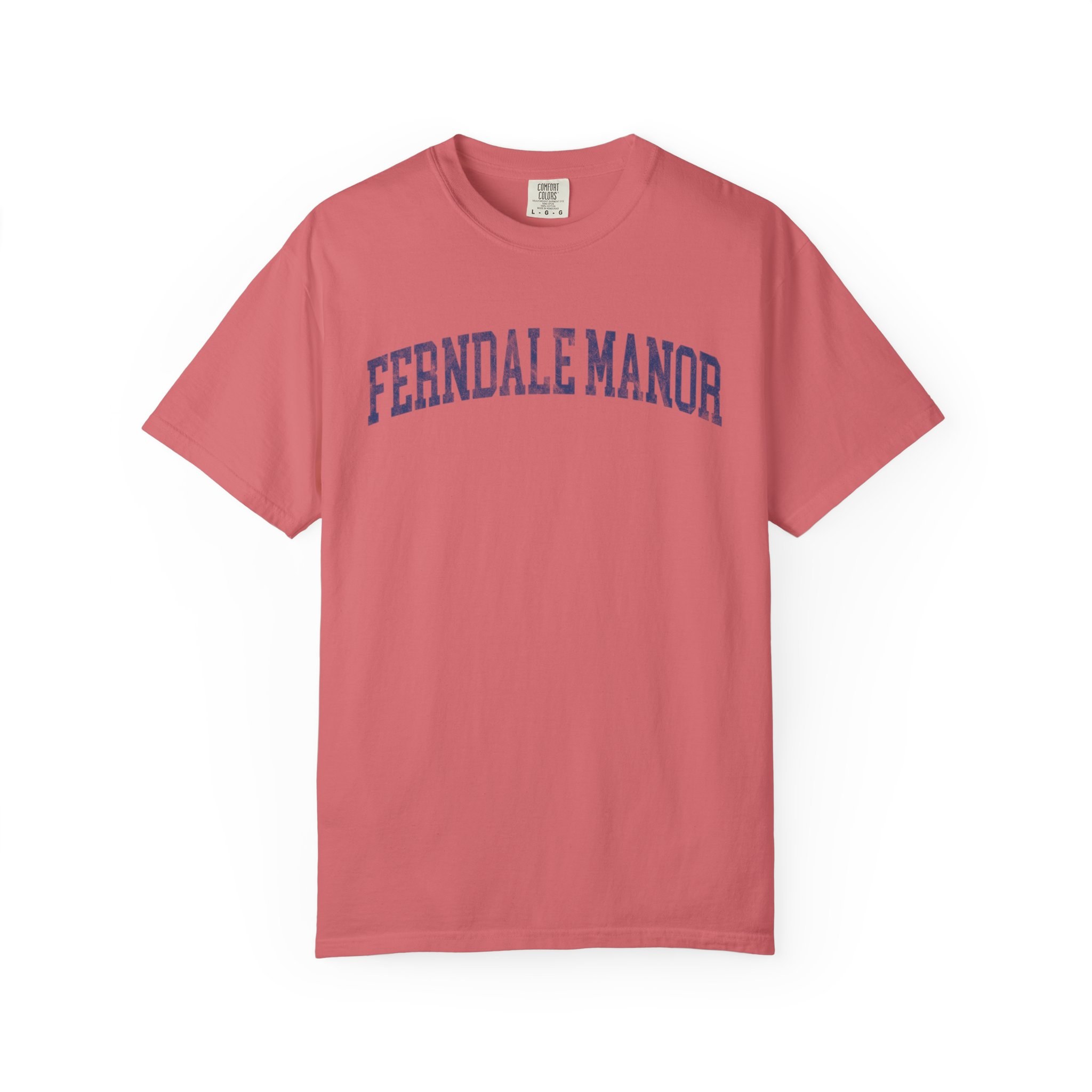 Ferndale Manor Garment-Dyed Tee in Strawberry Cloud, front — FERNDALE MANOR lettering