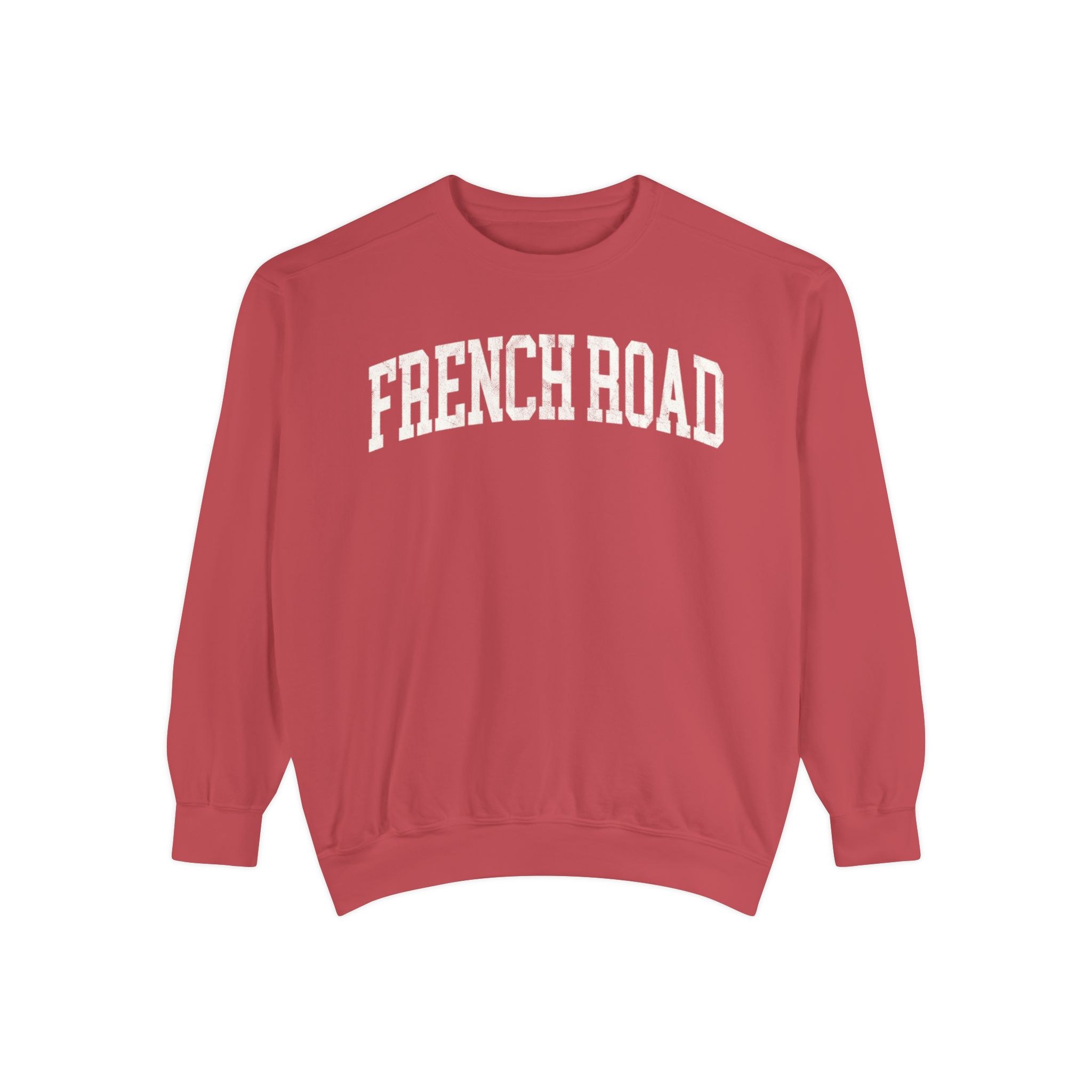French Road Garment-Dyed Crewneck in Collegiate Crimson, front — FRENCH ROAD lettering