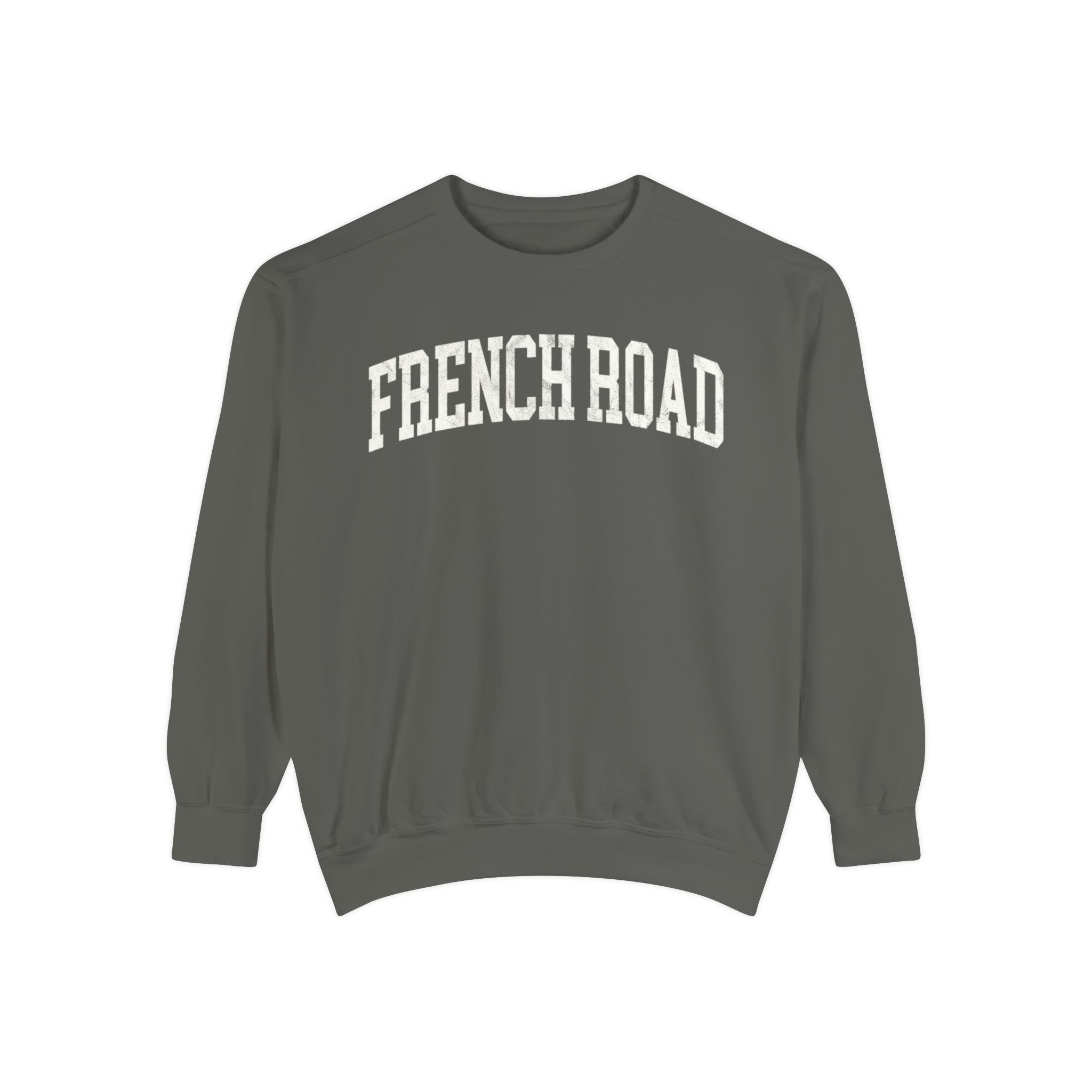 French Road Garment-Dyed Crewneck in Concrete, front — FRENCH ROAD lettering