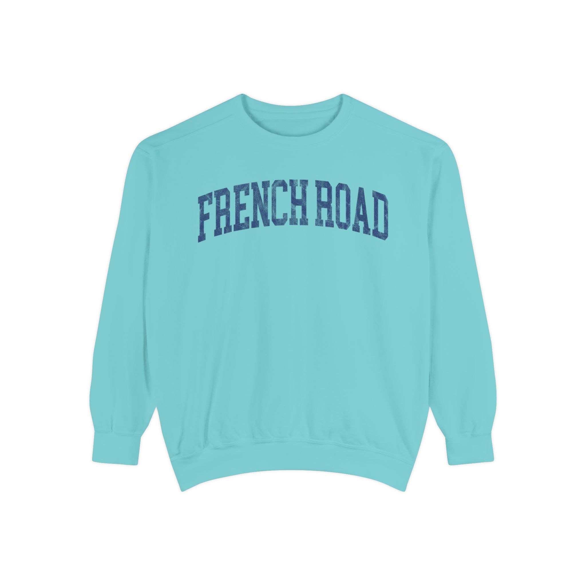 French Road Garment-Dyed Crewneck in Light Ice, front — FRENCH ROAD lettering