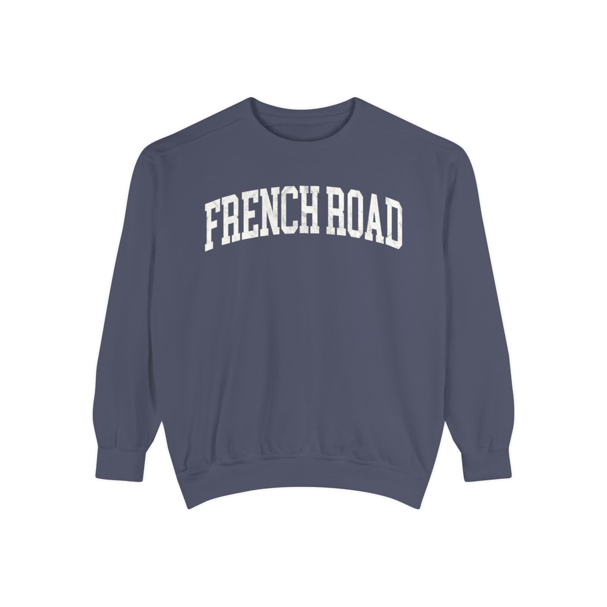 French Road Garment-Dyed Crewneck in Predawn, front — FRENCH ROAD lettering