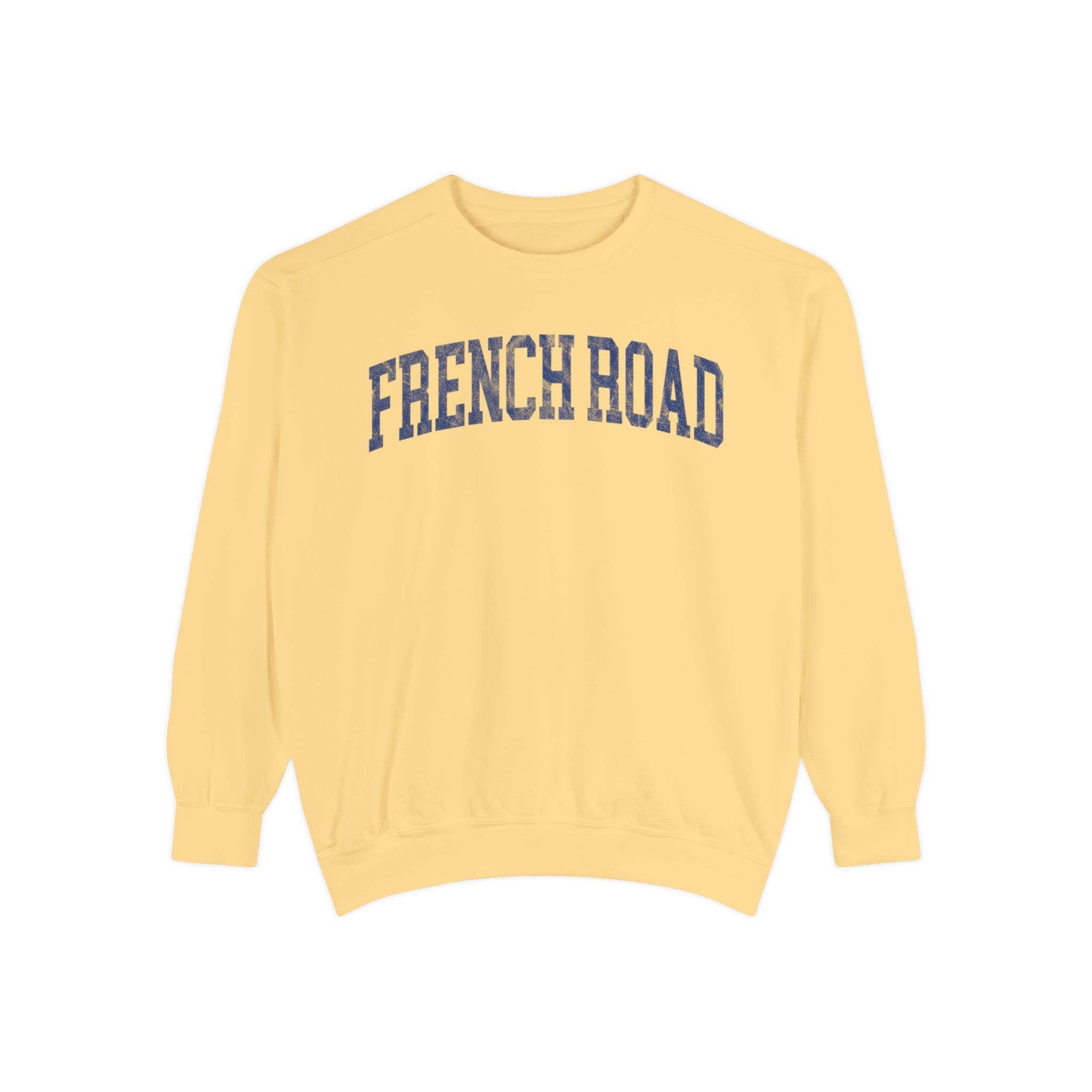 French Road Garment-Dyed Crewneck in Unsalted, front — FRENCH ROAD lettering