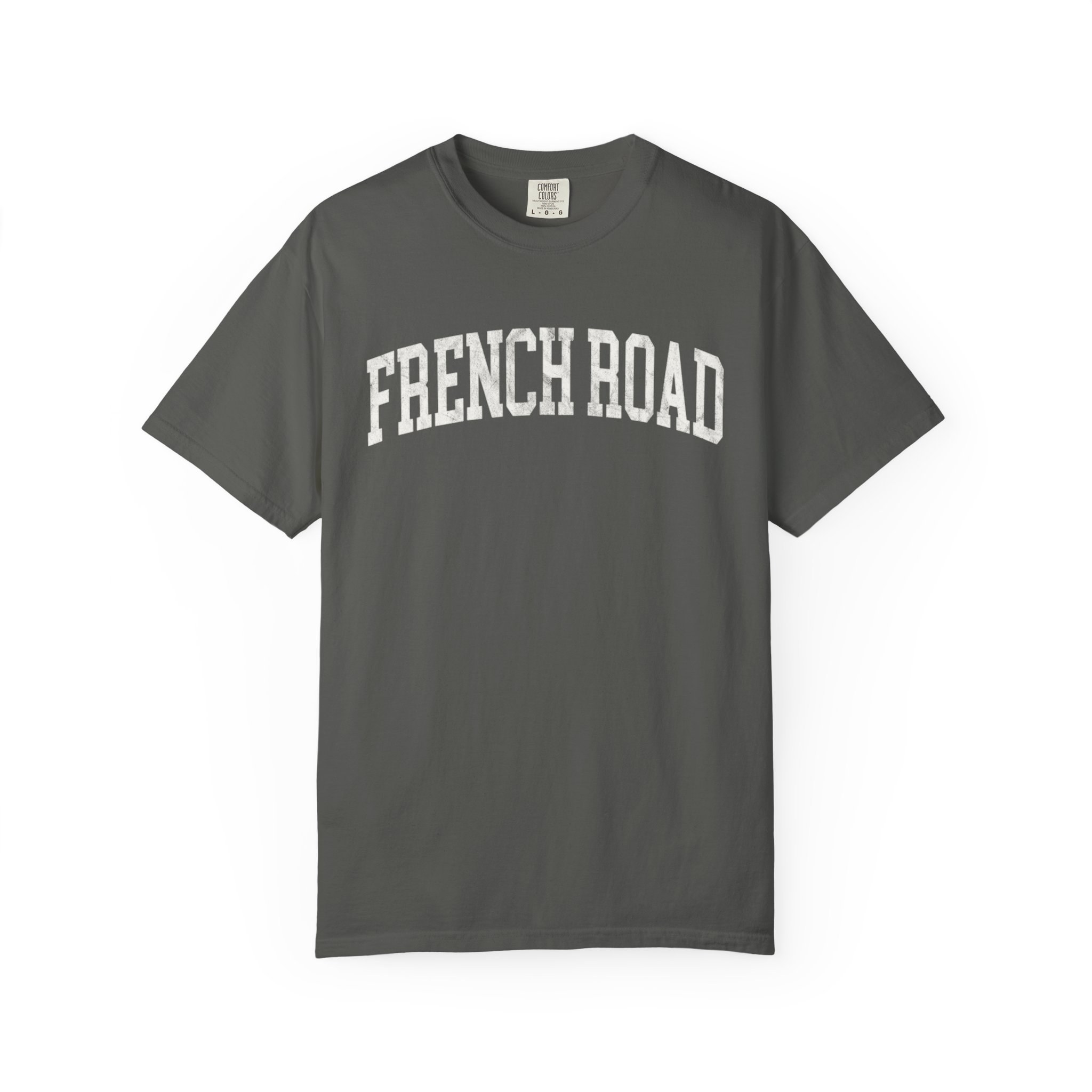 French Road Garment-Dyed Tee in Concrete, front — FRENCH ROAD lettering