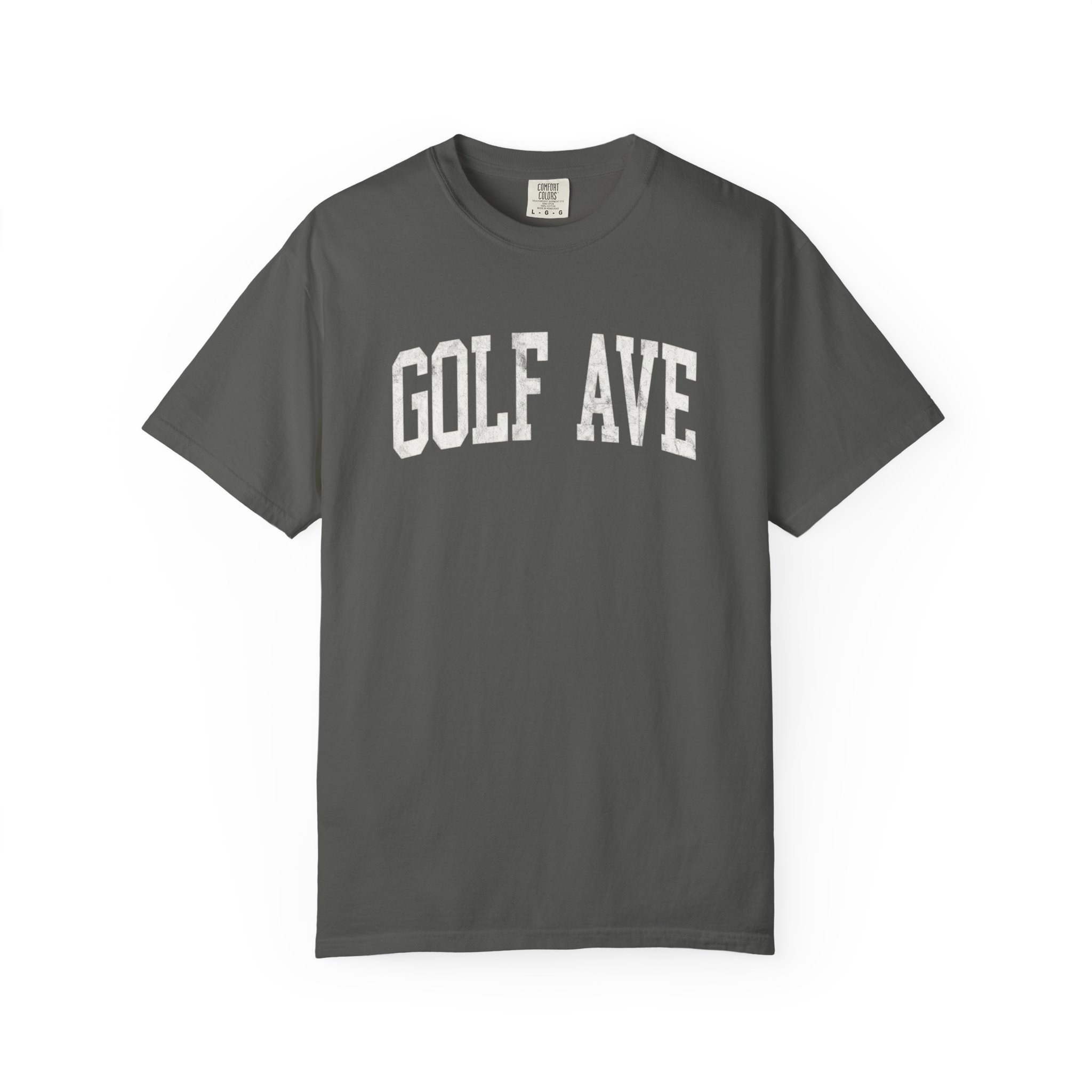 Golf Ave Garment-Dyed Tee in Concrete, front — GOLF AVE lettering