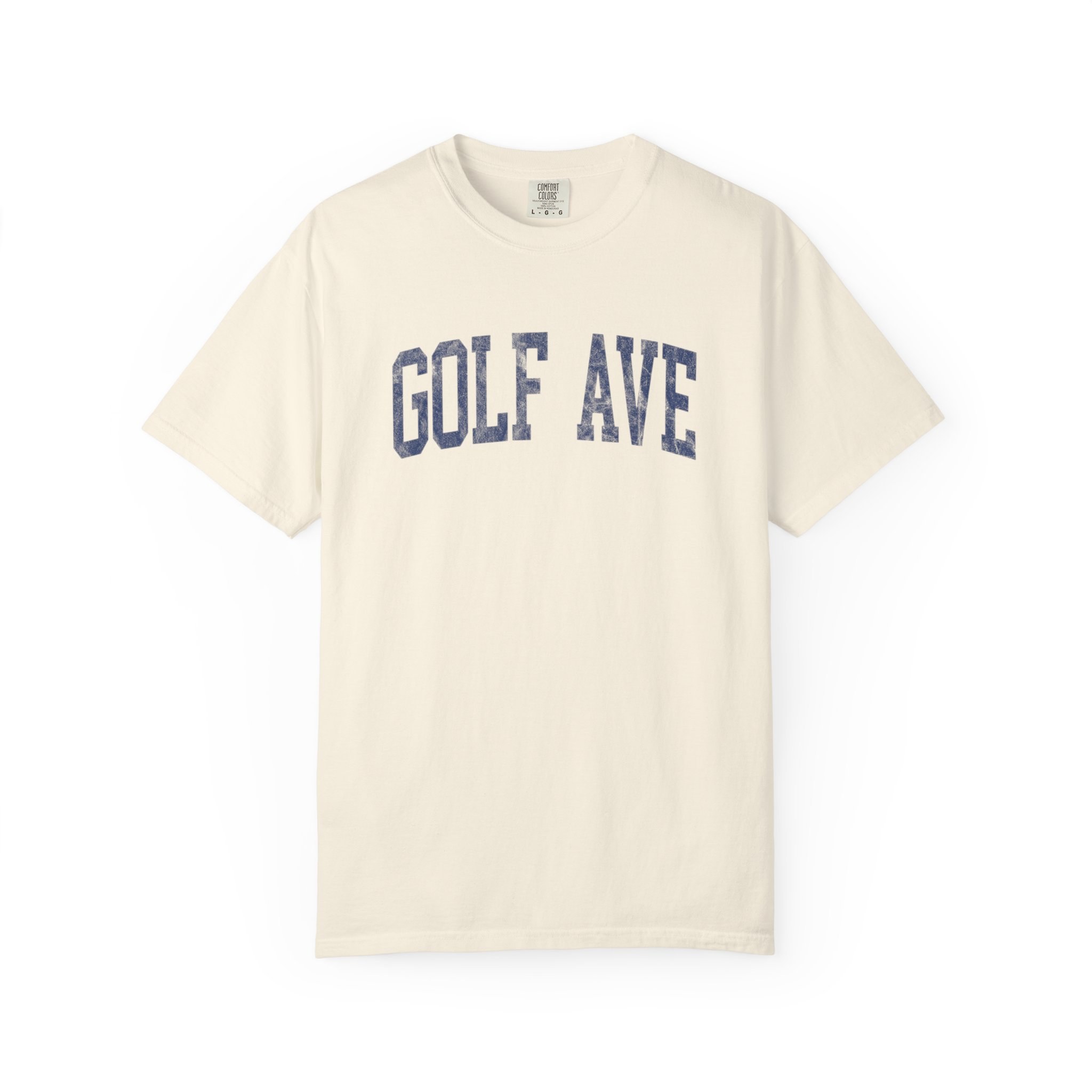 Golf Ave Garment-Dyed Tee in Crème Fraîche, front — GOLF AVE lettering