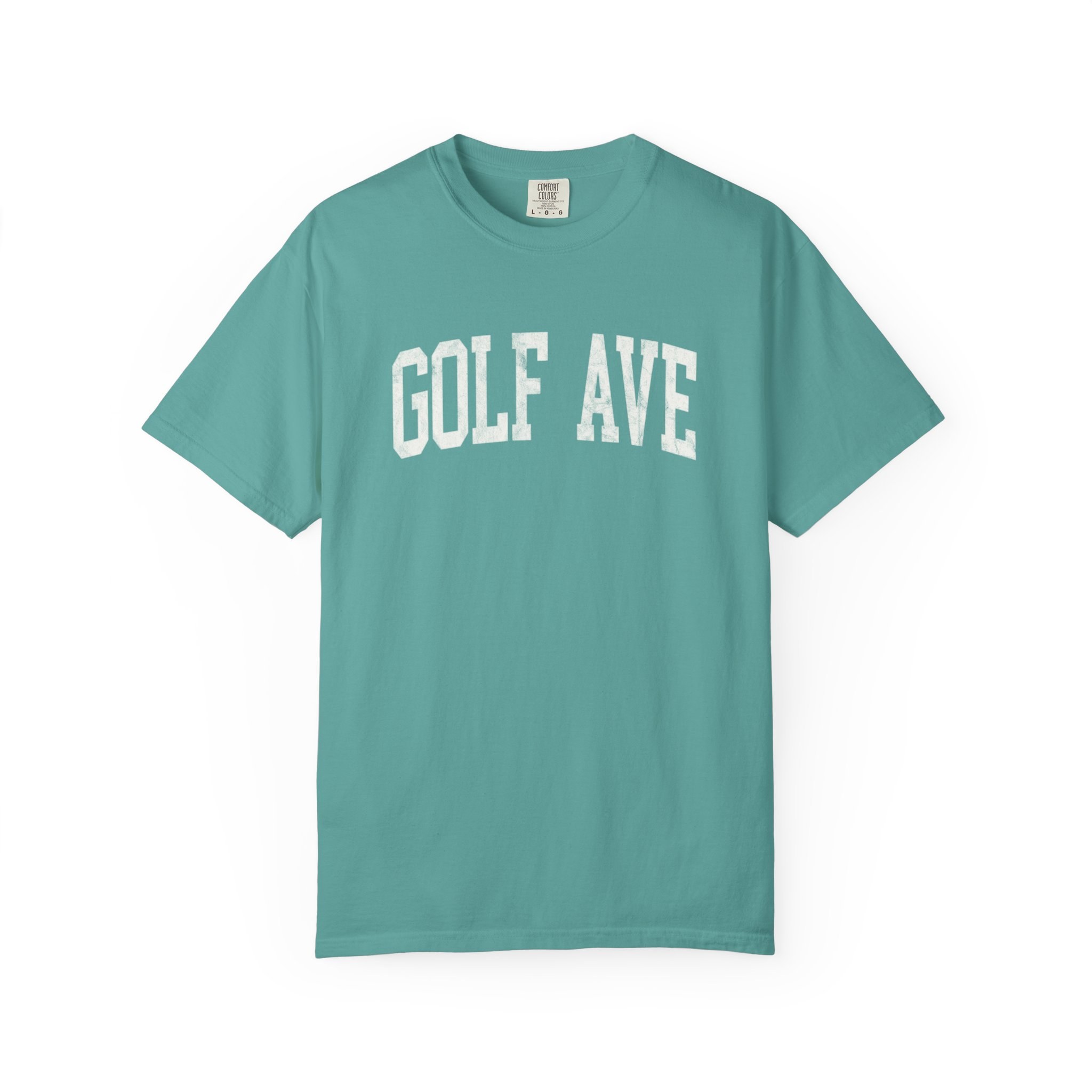 Golf Ave Garment-Dyed Tee in Erie Blue, front — GOLF AVE lettering