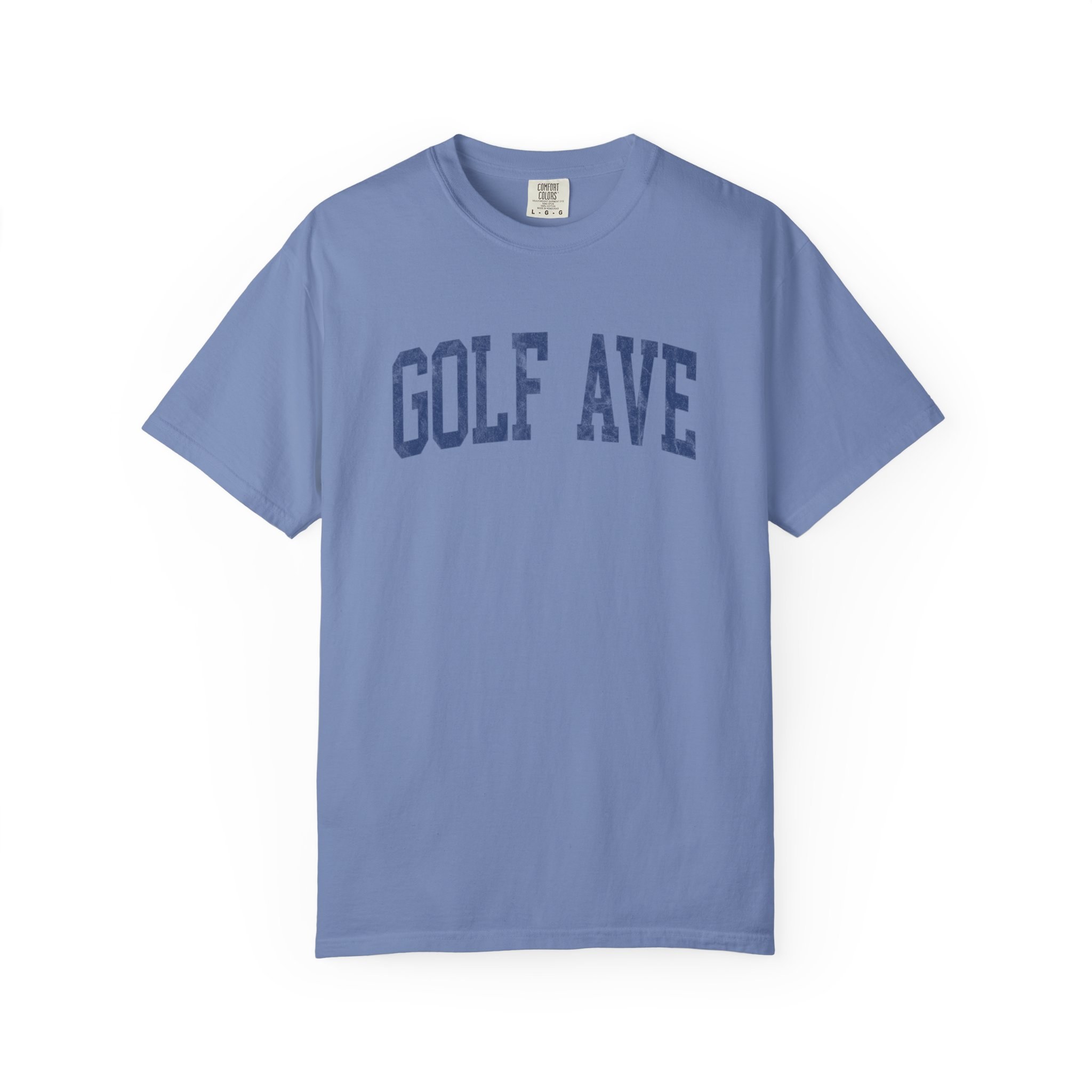 Golf Ave Garment-Dyed Tee in Faded Predawn, front — GOLF AVE lettering