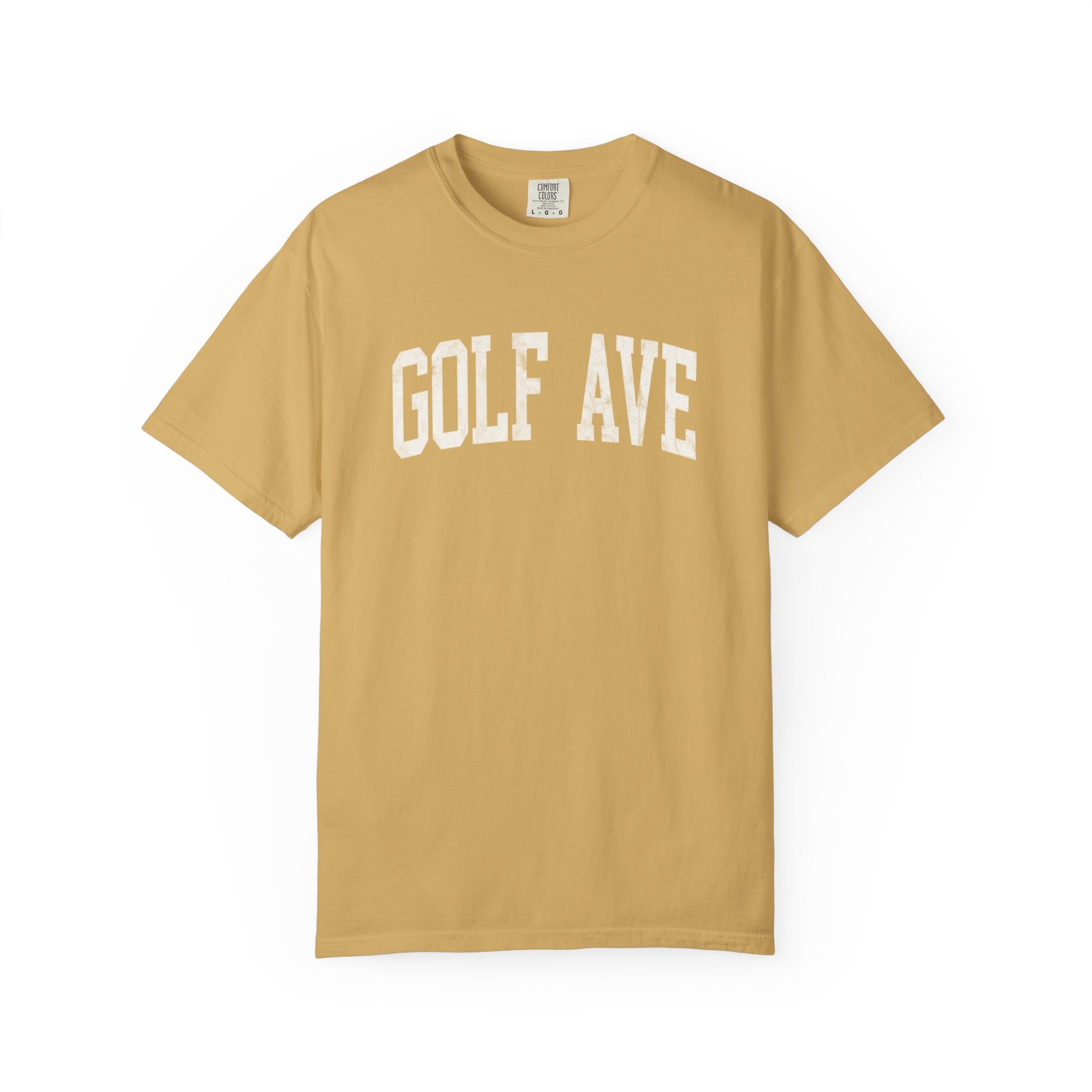 Golf Ave Garment-Dyed Tee in Pasta Wheat, front — GOLF AVE lettering