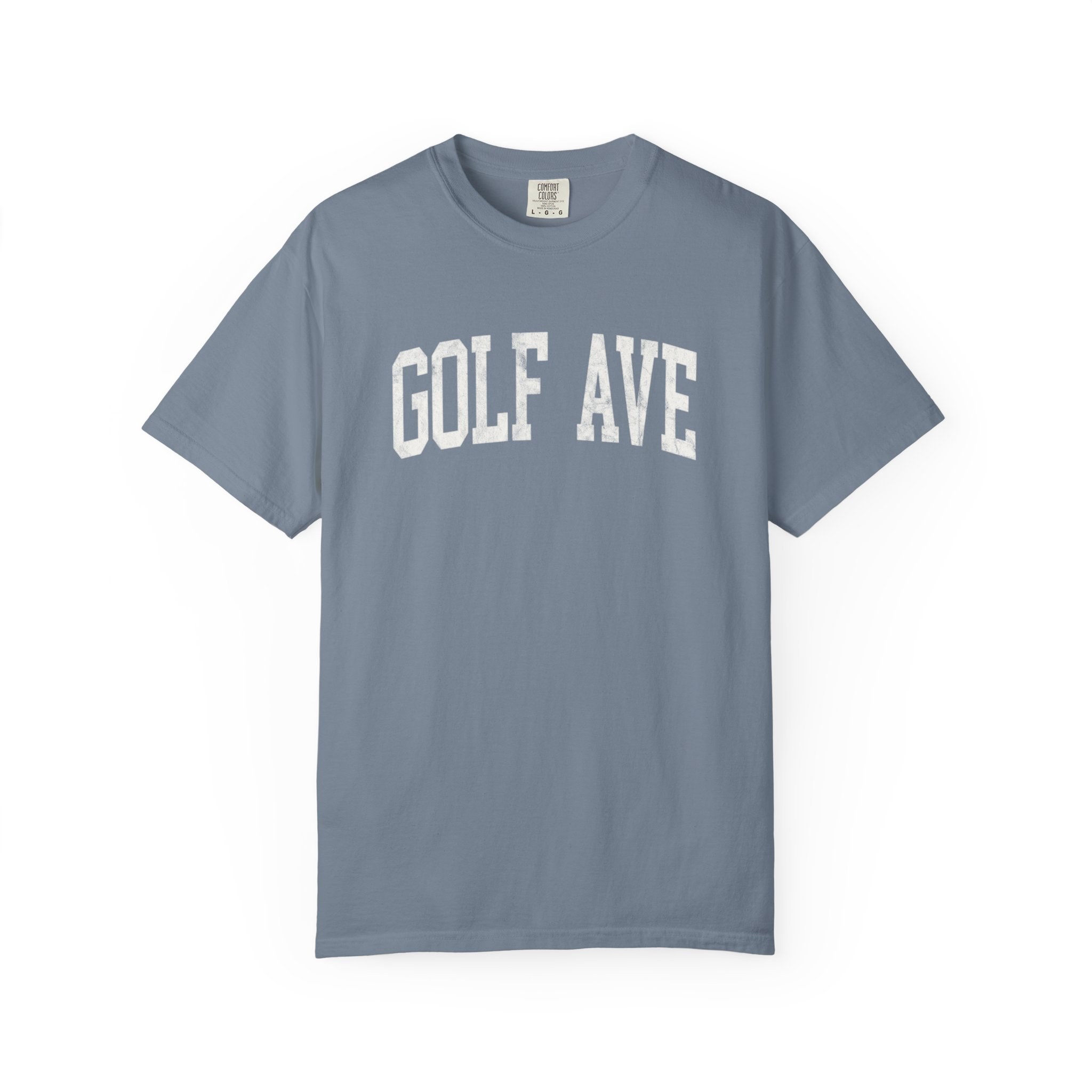 Golf Ave Garment-Dyed Tee in Samantha Blue, front — GOLF AVE lettering