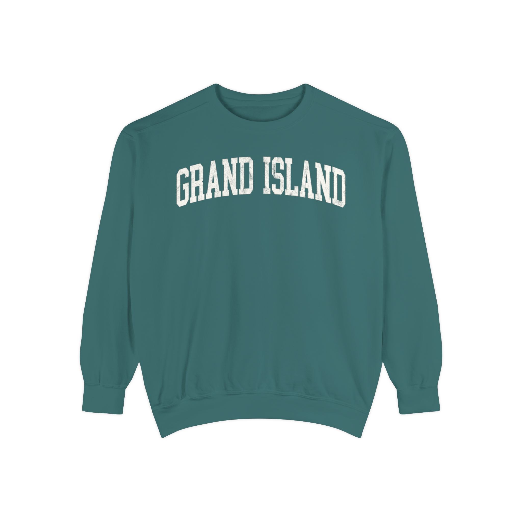 Grand Island Garment-Dyed Crewneck in Blue Spruce, front — GRAND ISLAND lettering