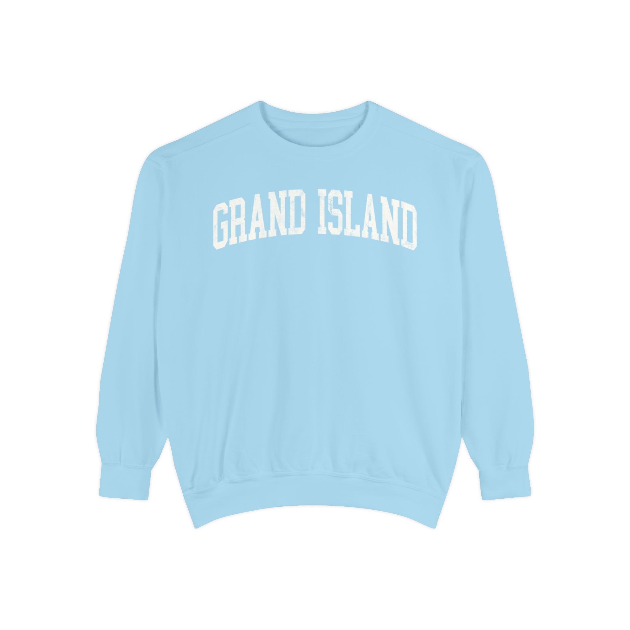 Grand Island Garment-Dyed Crewneck in Blueberry Milk, front — GRAND ISLAND lettering