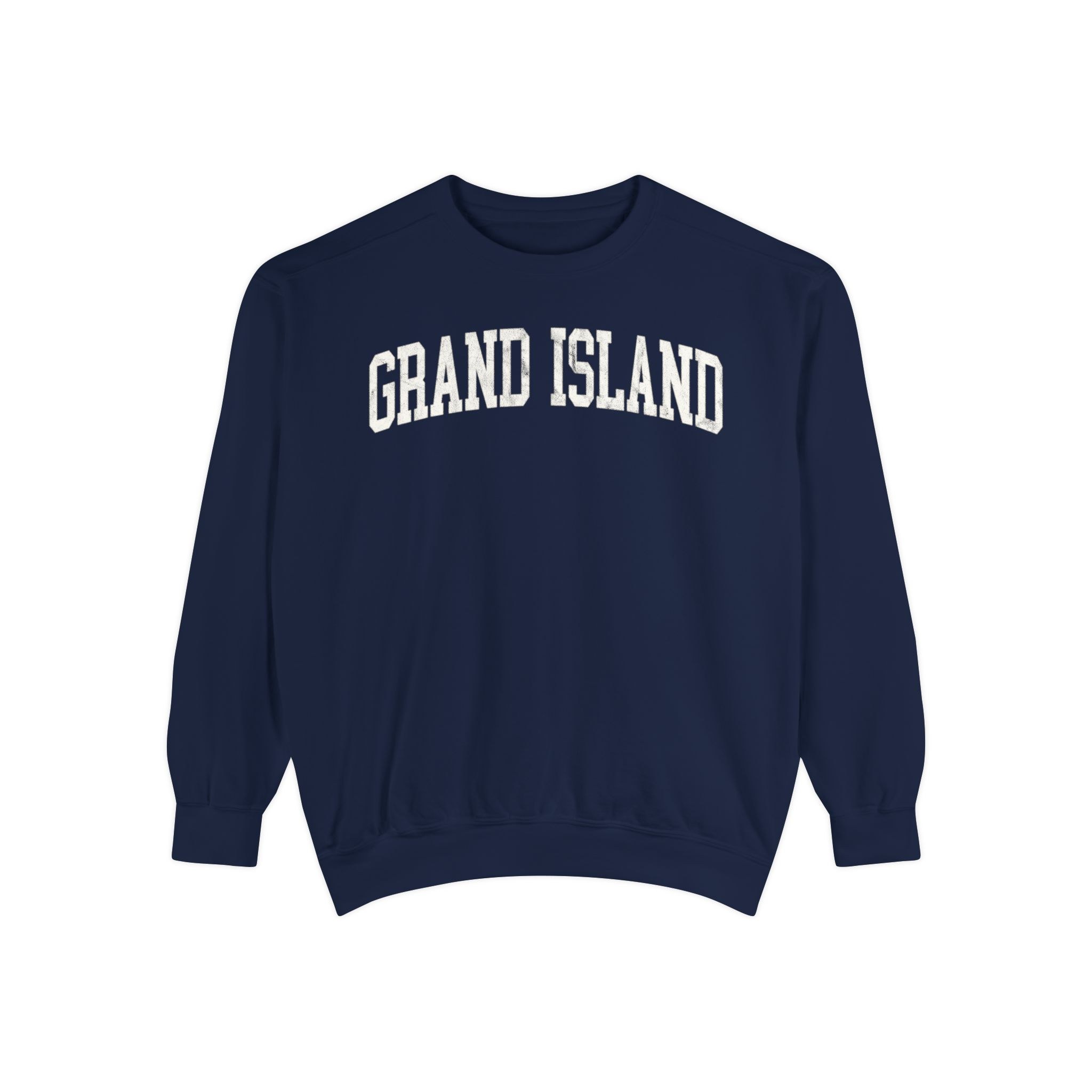 Grand Island Garment-Dyed Crewneck in Boathouse Blue, front — GRAND ISLAND lettering