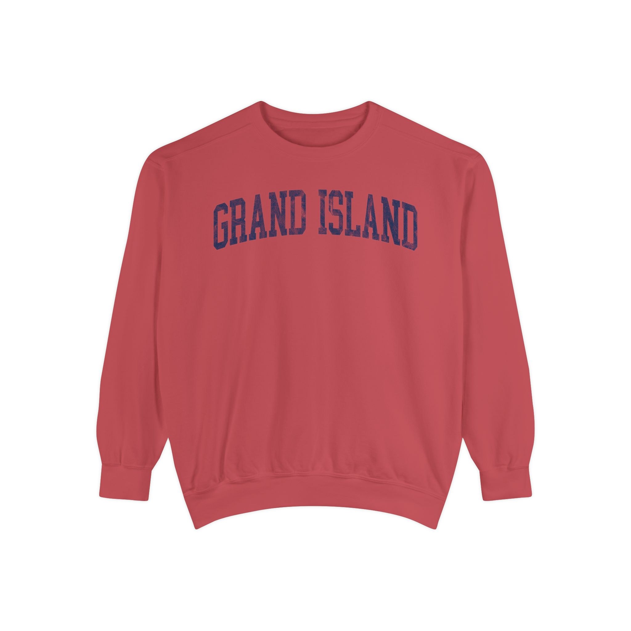 Grand Island Garment-Dyed Crewneck in Collegiate Crimson, front — GRAND ISLAND lettering