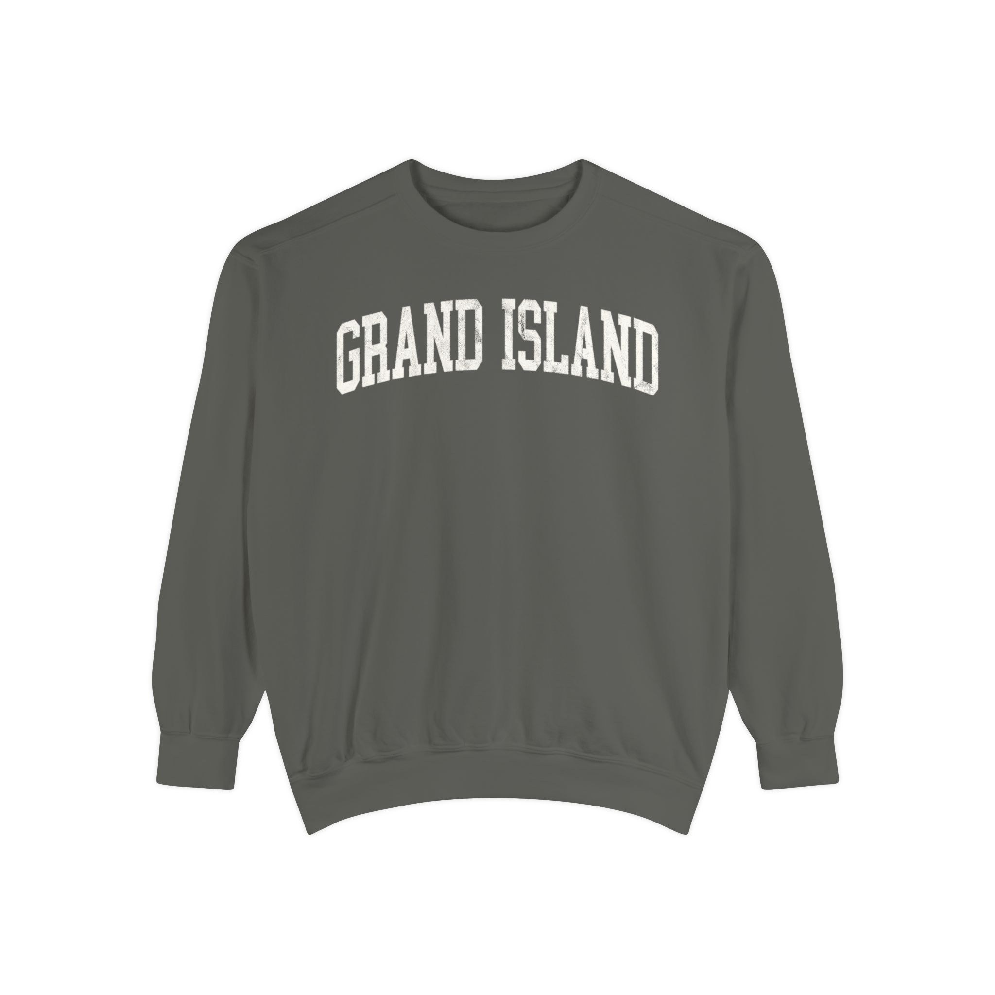 Grand Island Garment-Dyed Crewneck in Concrete, front — GRAND ISLAND lettering