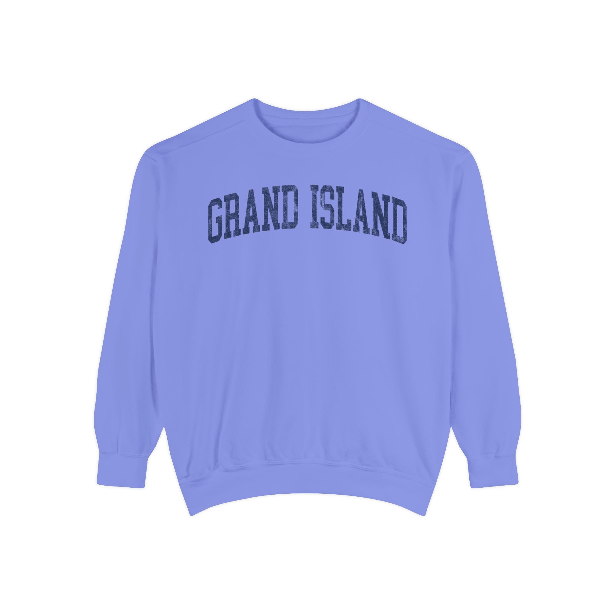 Grand Island Garment-Dyed Crewneck in Conesus Blue, front — GRAND ISLAND lettering