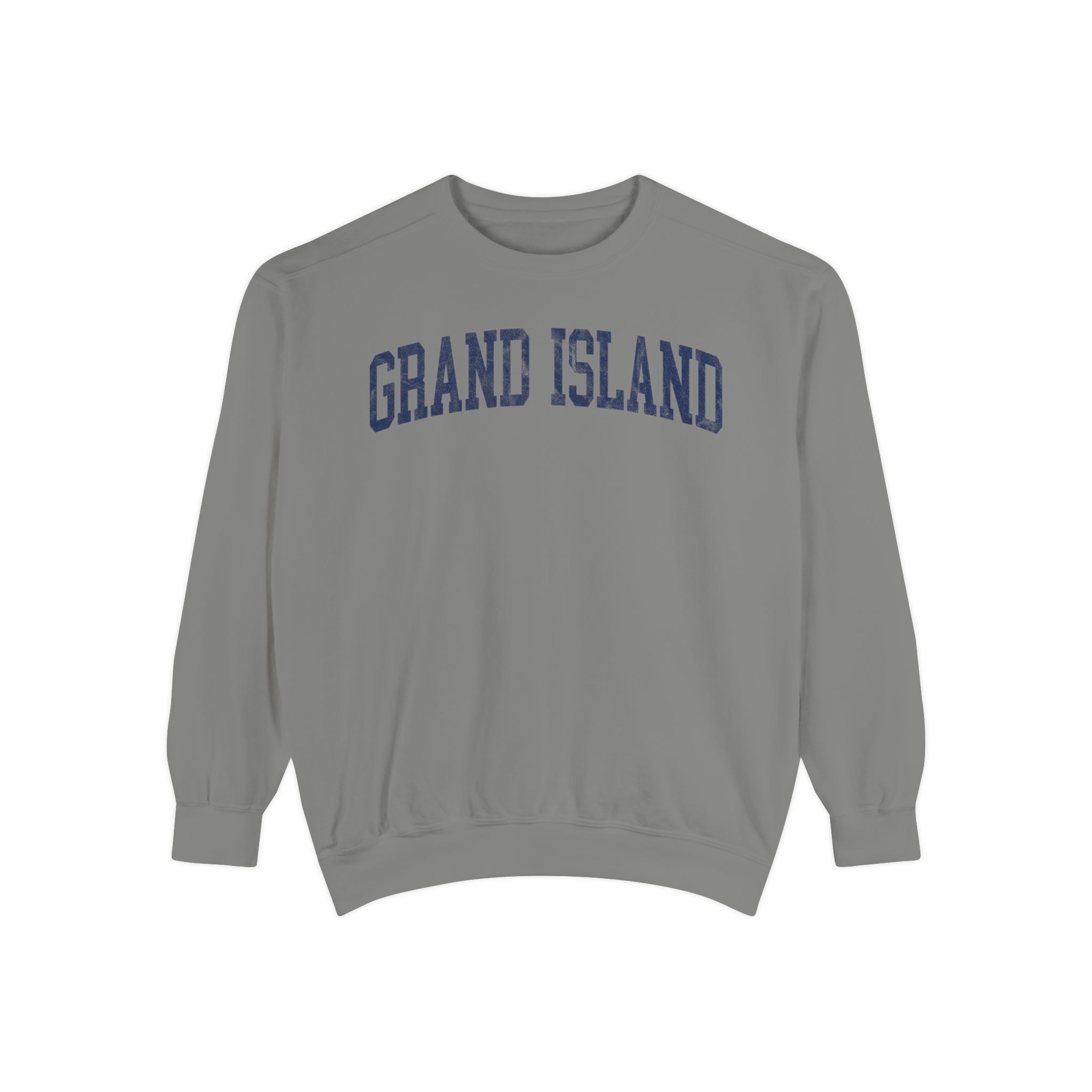 Grand Island Garment-Dyed Crewneck in Dusting, front — GRAND ISLAND lettering