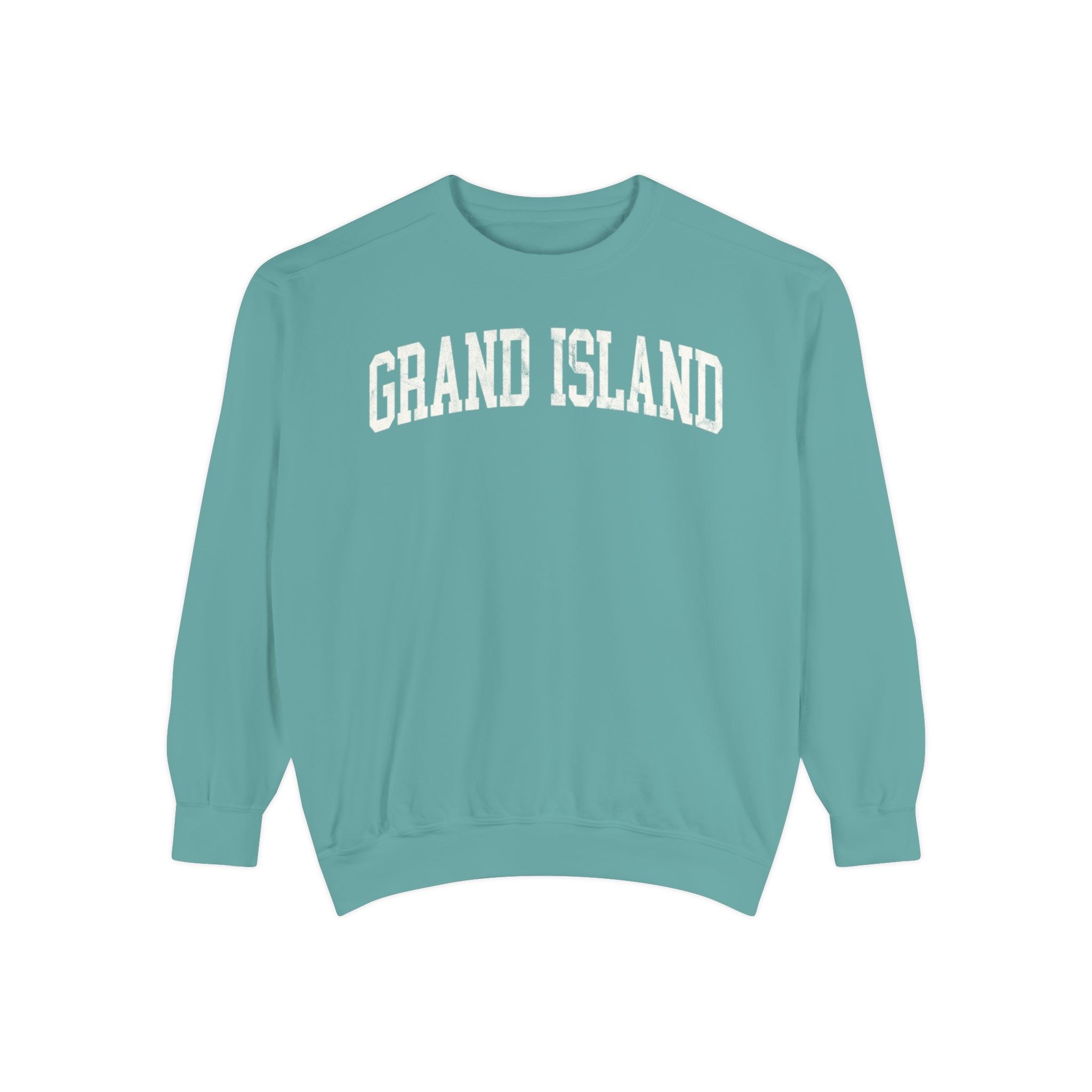 Grand Island Garment-Dyed Crewneck in Erie Blue, front — GRAND ISLAND lettering