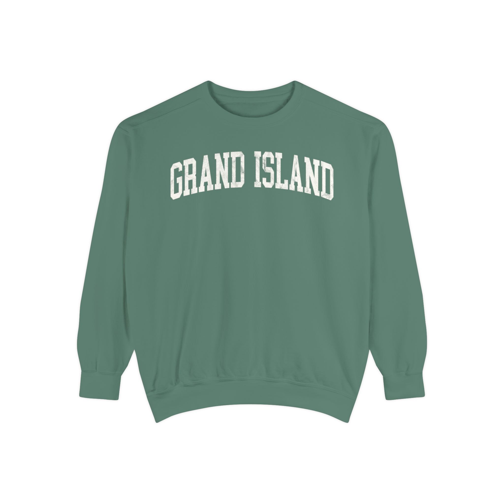 Grand Island Garment-Dyed Crewneck in Light Green, front — GRAND ISLAND lettering