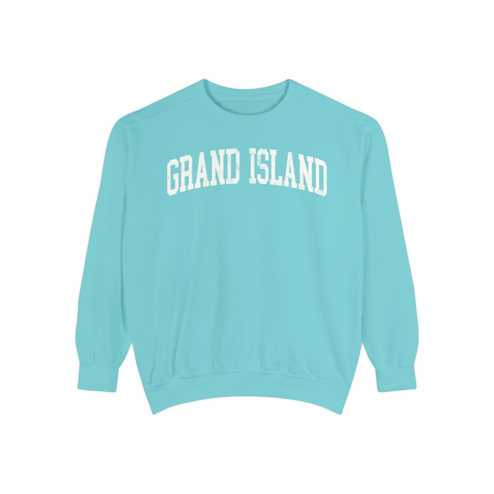 Grand Island Garment-Dyed Crewneck in Light Ice, front — GRAND ISLAND lettering